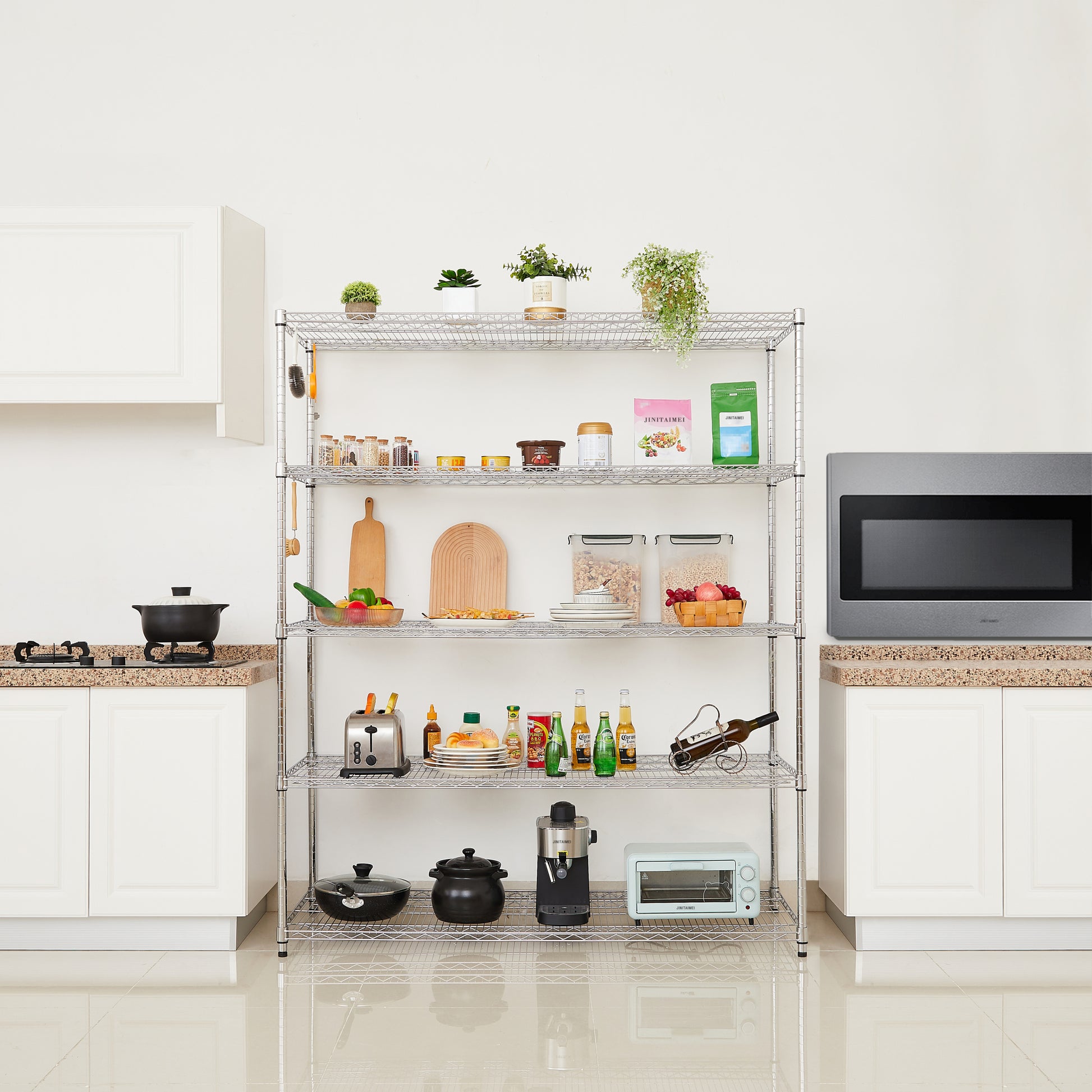 Warehouse, Supermarket,Kitchen,And Other 5 Layer Heavy Duty Adjustable Shelves With Wheels And Adjustable Feet,Each Metal Frame Bearing 300 Pounds. 59.45 "L 24.02 "W 71.65 "H. Silver Steel