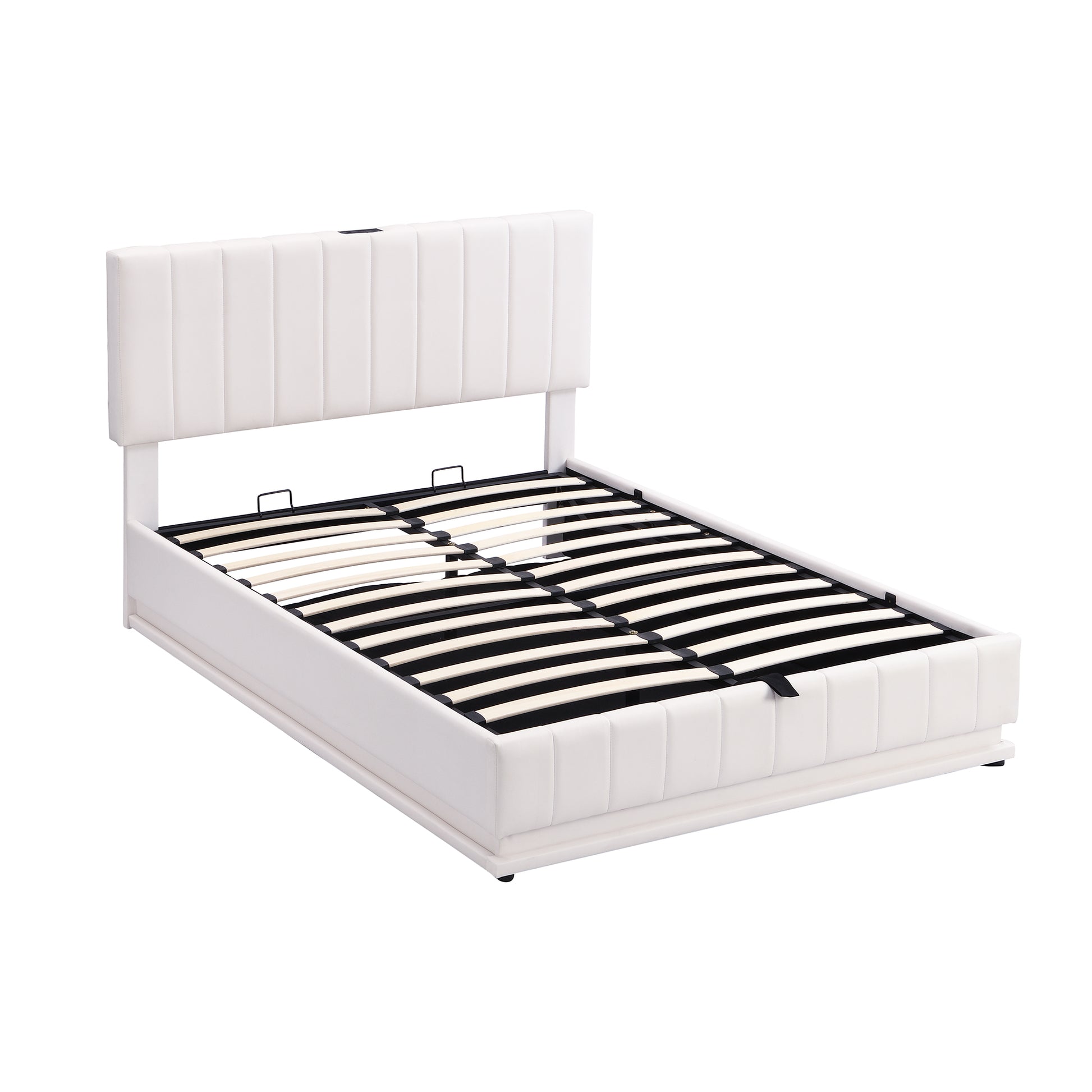 Full Size Upholstered Bed With Hydraulic Storage System And Led Light, Modern Platform Bed With Sockets And Usb Ports, White White Pu Leather