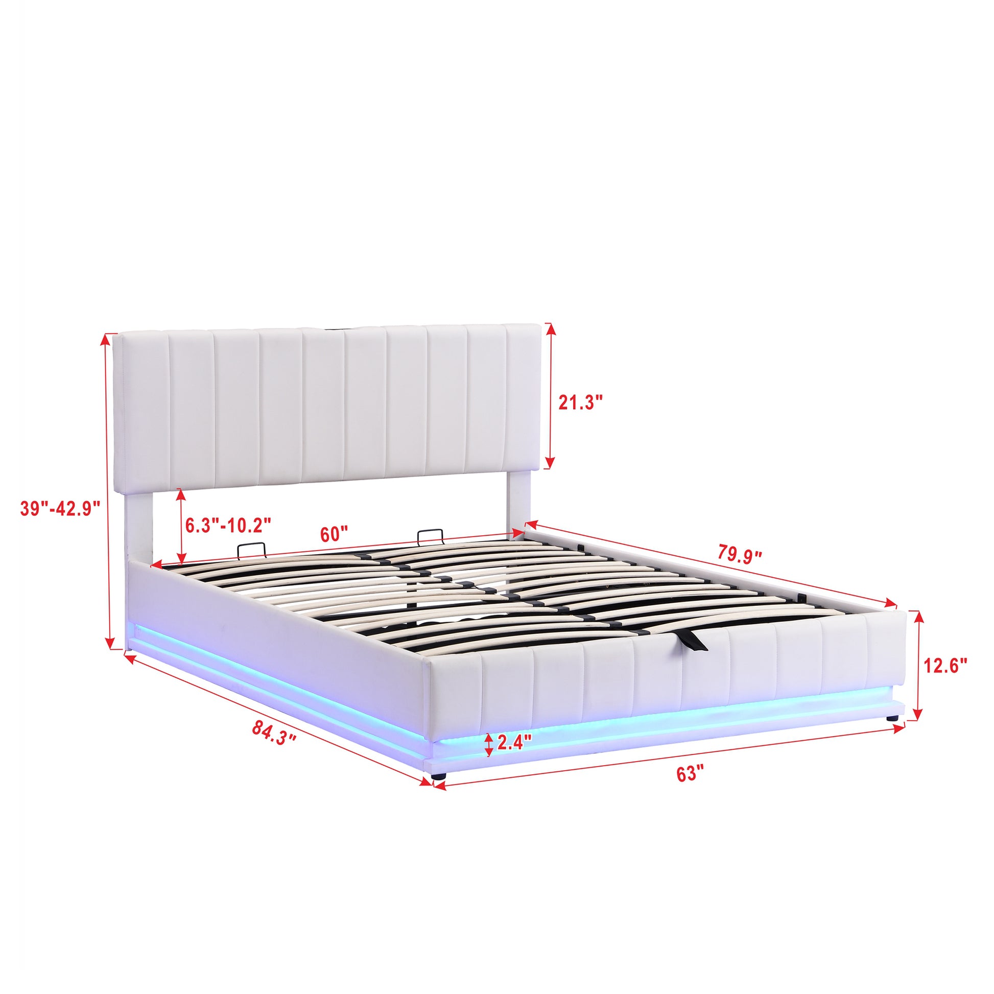 Queen Size Upholstered Bed With Hydraulic Storage System And Led Light, Modern Platform Bed With Sockets And Usb Ports, White White Pu Leather