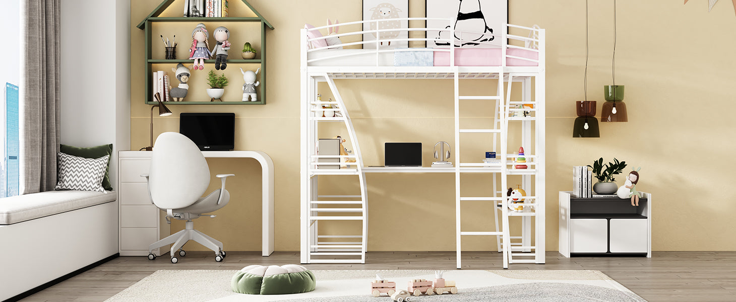 Twin Size Loft Bed With 4 Layers Of Shelves And L Shaped Desk, Stylish Metal Frame Bed With A Set Of Sockets, Usb Ports And And Wireless Charging, White White Metal