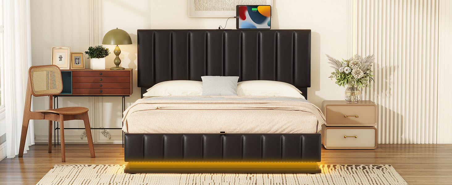 Queen Size Upholstered Bed With Hydraulic Storage System And Led Light, Modern Platform Bed With Sockets And Usb Ports, Black Black Pu Leather
