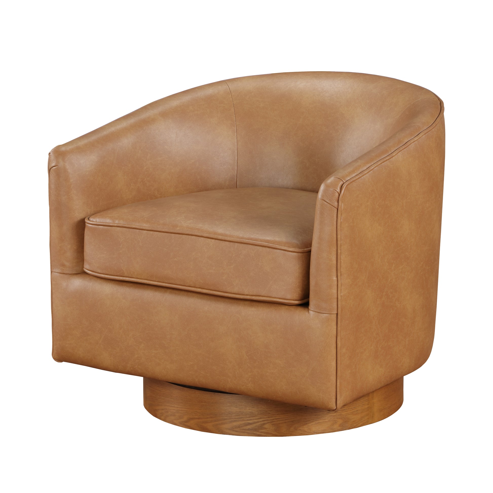 Maisy Saddle Faux Leather Wood Base Barrel Swivel Chair Brown Foam Polyester