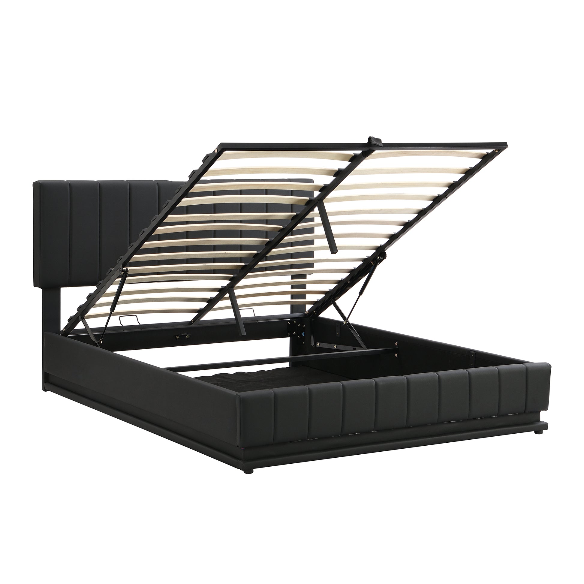 Queen Size Upholstered Bed With Hydraulic Storage System And Led Light, Modern Platform Bed With Sockets And Usb Ports, Black Black Pu Leather