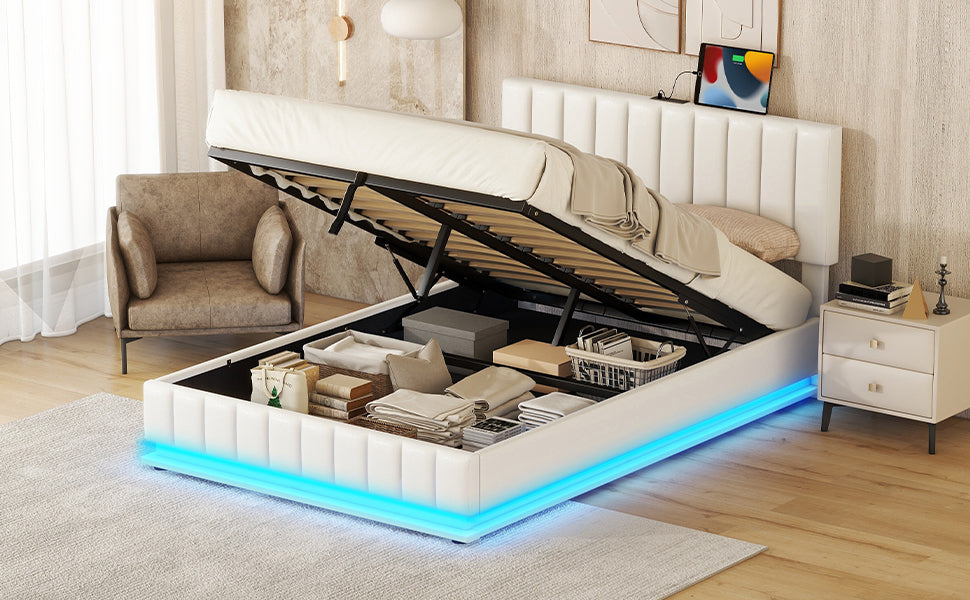 Full Size Upholstered Bed With Hydraulic Storage System And Led Light, Modern Platform Bed With Sockets And Usb Ports, White White Pu Leather