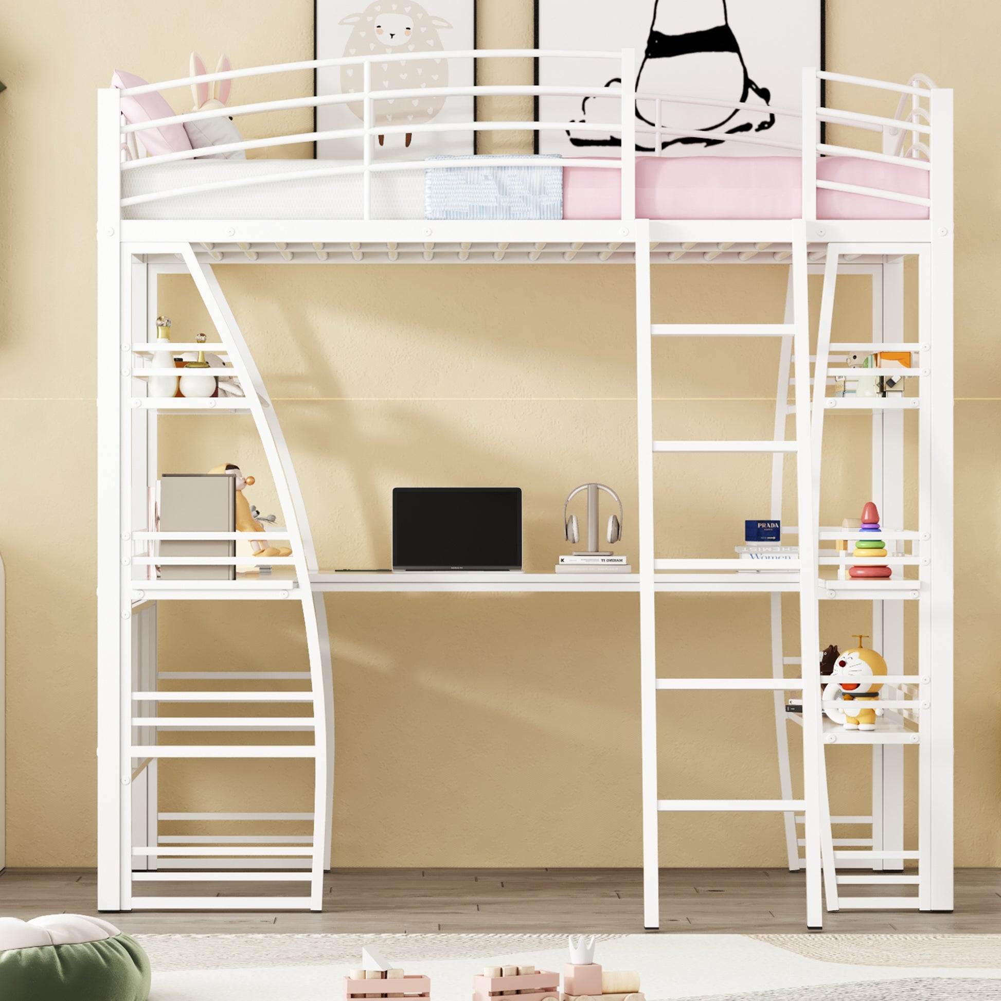 Twin Size Loft Bed With 4 Layers Of Shelves And L Shaped Desk, Stylish Metal Frame Bed With A Set Of Sockets, Usb Ports And And Wireless Charging, White White Metal