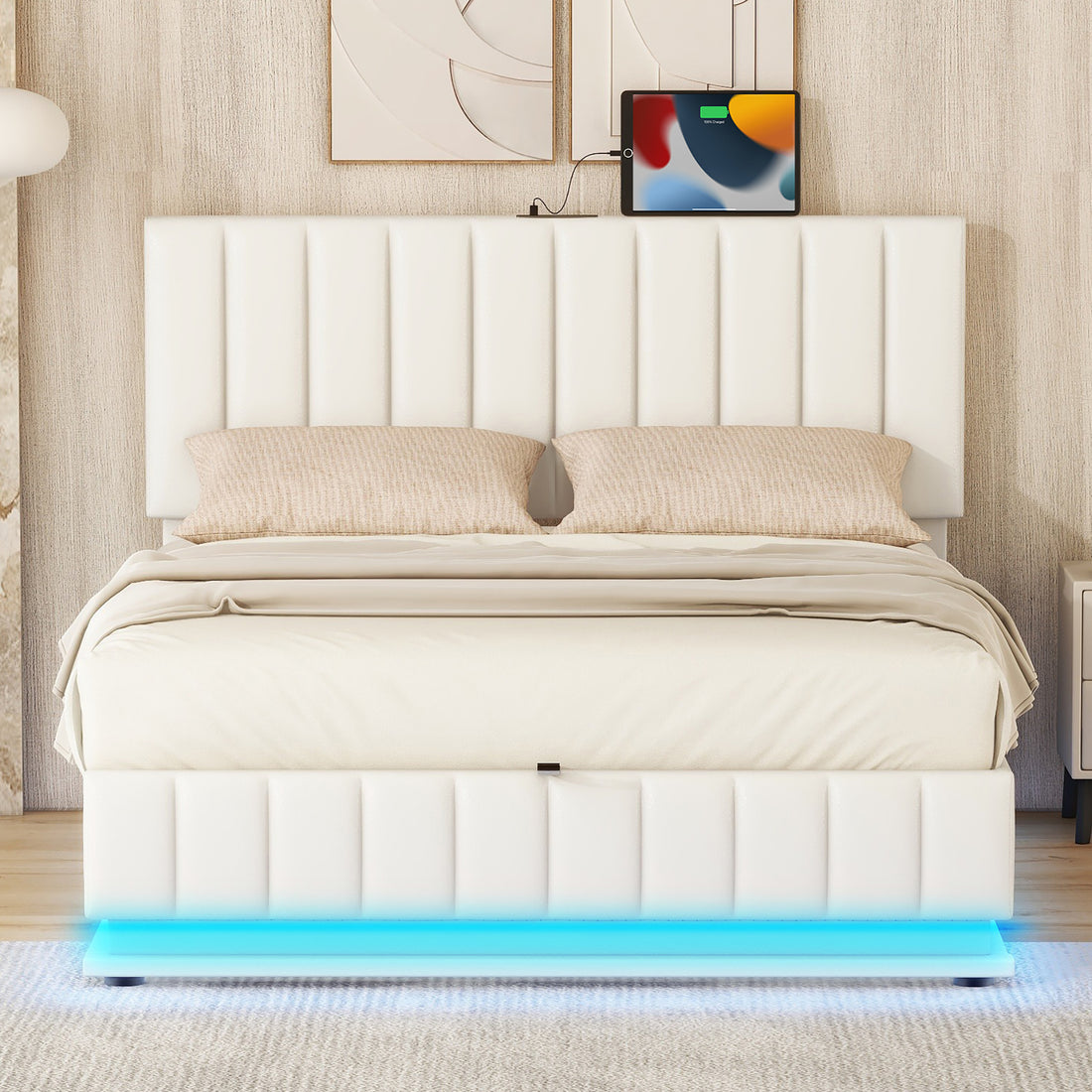 Full Size Upholstered Bed With Hydraulic Storage System And Led Light, Modern Platform Bed With Sockets And Usb Ports, White White Pu Leather