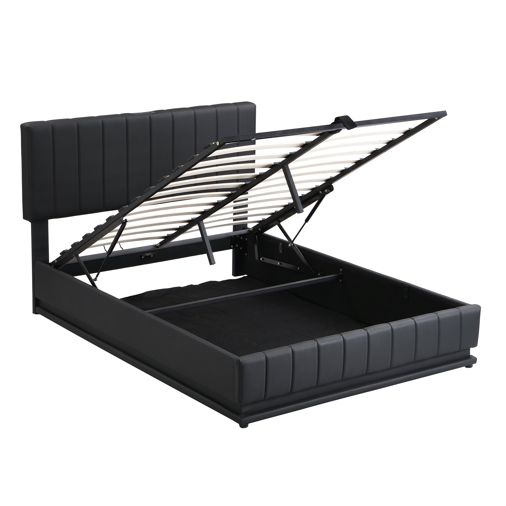 Full Size Upholstered Bed With Hydraulic Storage System And Led Light, Modern Platform Bed With Sockets And Usb Ports, Black Black Pu Leather