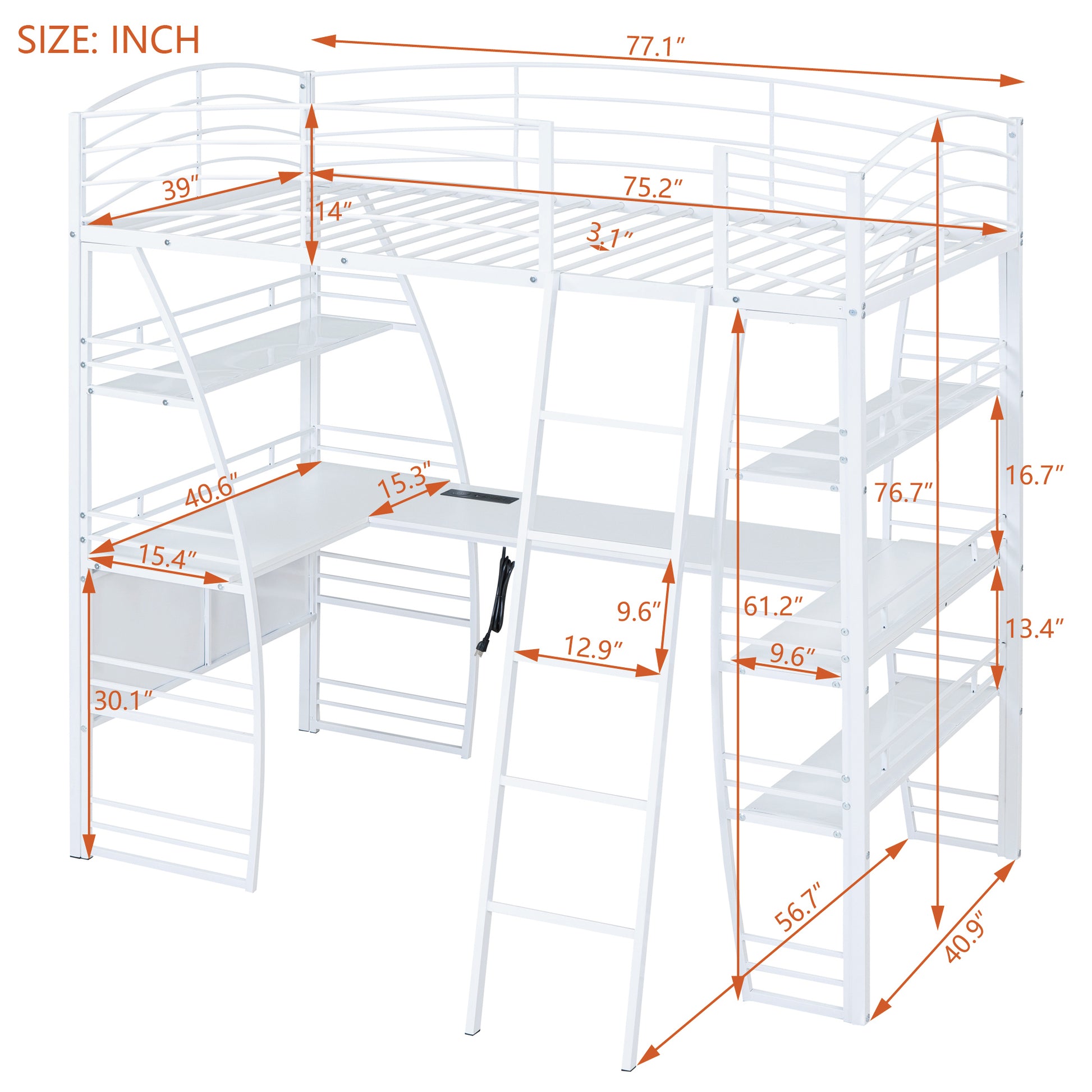 Twin Size Loft Bed With 4 Layers Of Shelves And L Shaped Desk, Stylish Metal Frame Bed With A Set Of Sockets, Usb Ports And And Wireless Charging, White White Metal