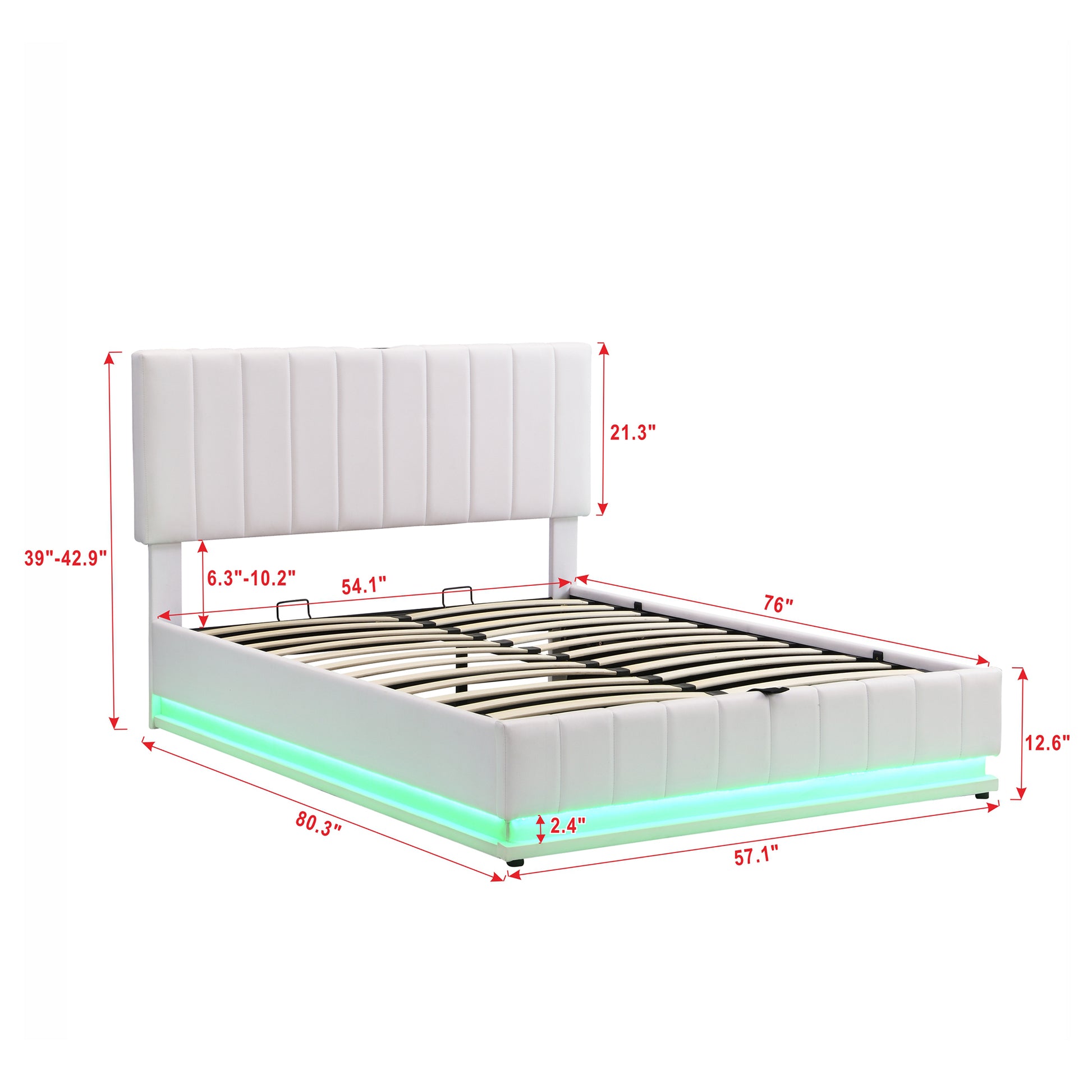 Full Size Upholstered Bed With Hydraulic Storage System And Led Light, Modern Platform Bed With Sockets And Usb Ports, White White Pu Leather