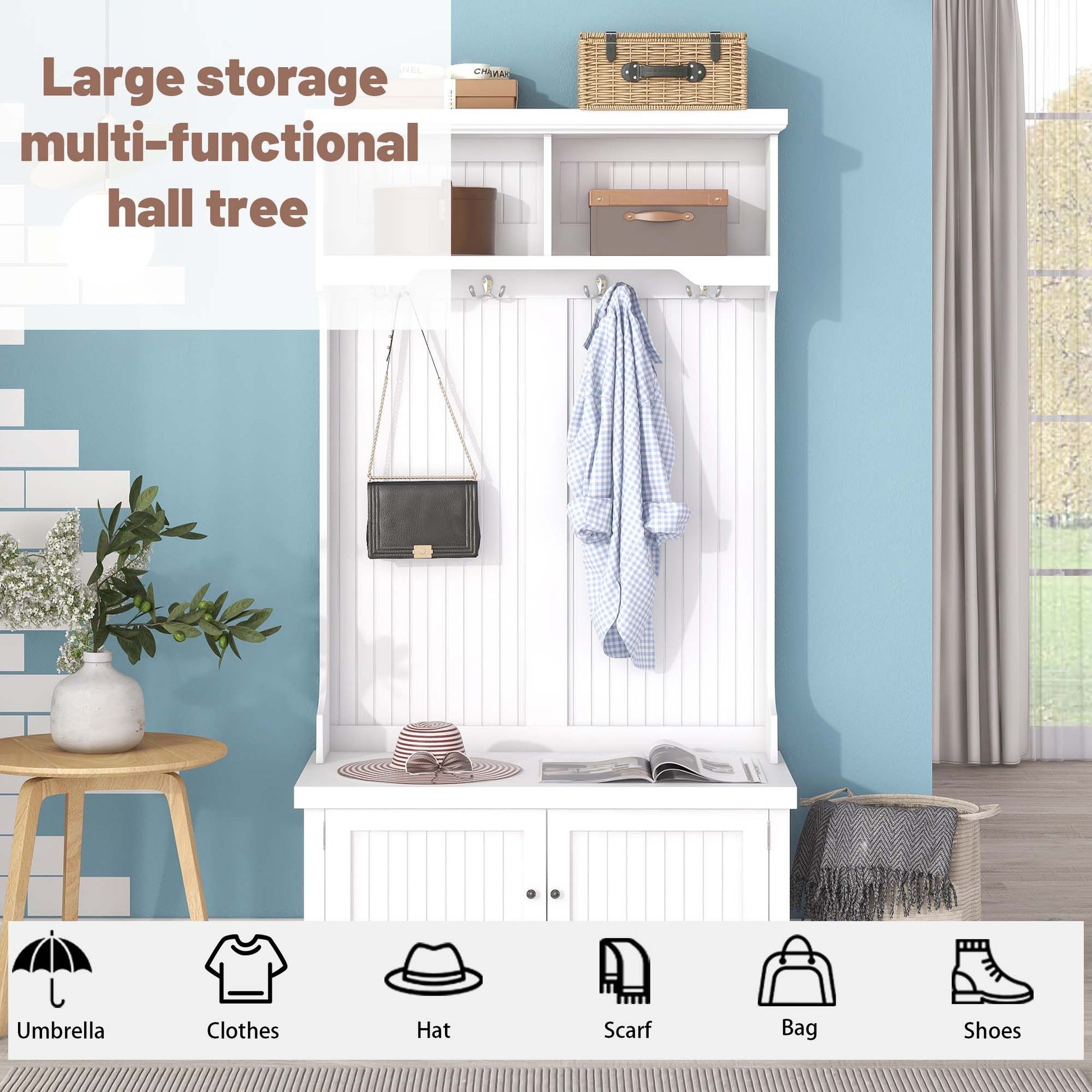 Hall Tree With Storage Shoe Bench For Entryway And Hallway, 4 In 1 Design Coat Racks With 4 Hooks For Living Room, White White Mdf