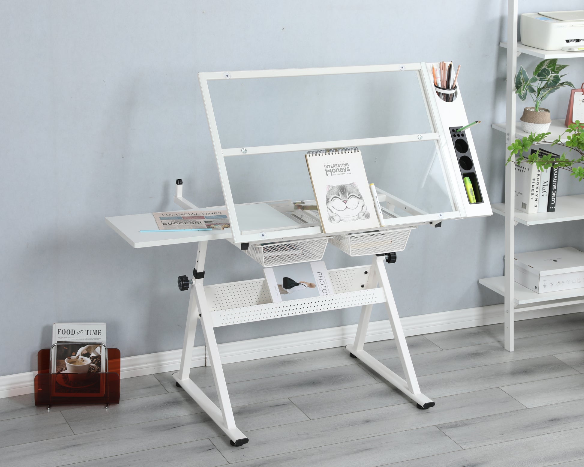 White Adjustable Tempered Glass Drafting Printing Table With Chair White Steel