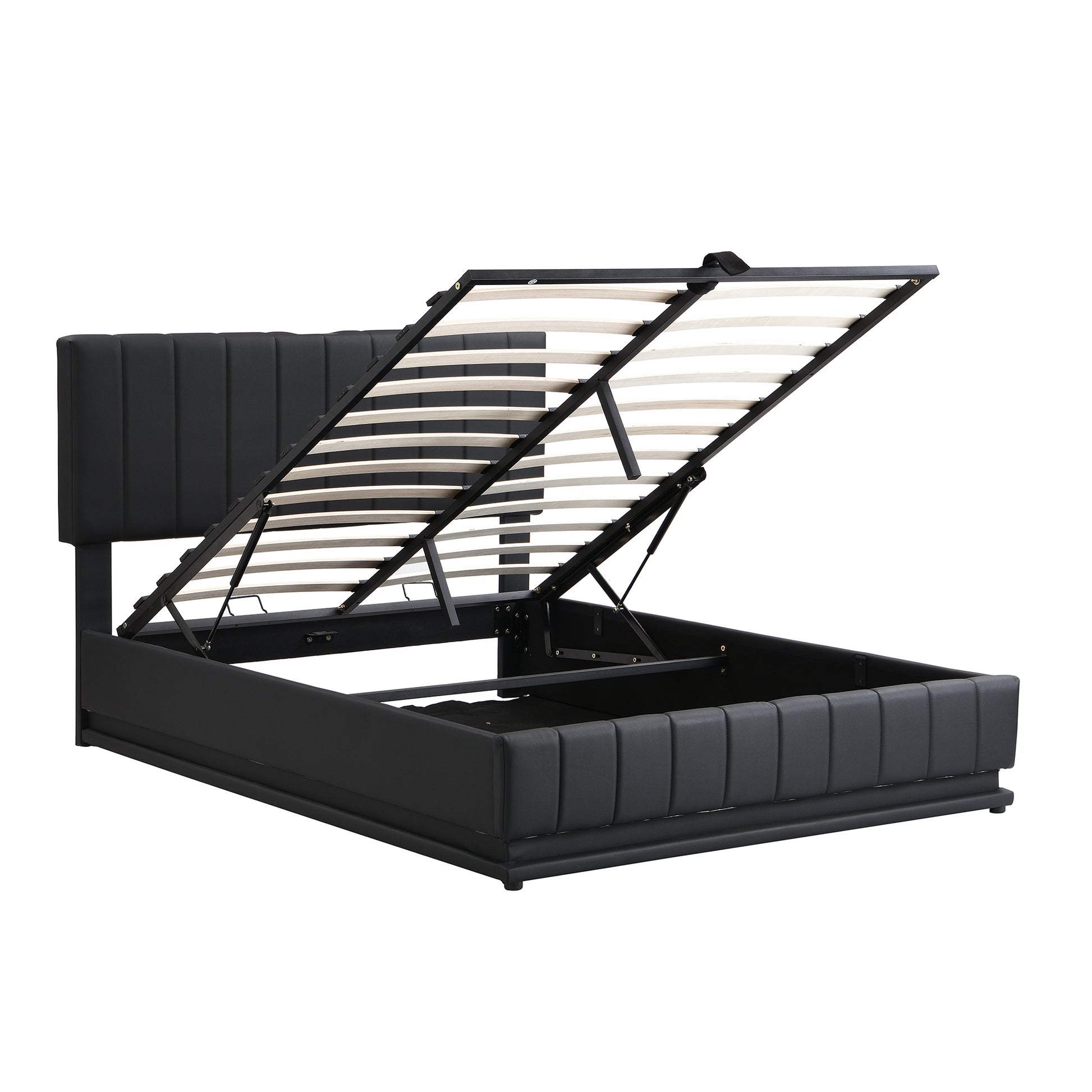 Full Size Upholstered Bed With Hydraulic Storage System And Led Light, Modern Platform Bed With Sockets And Usb Ports, Black Black Pu Leather