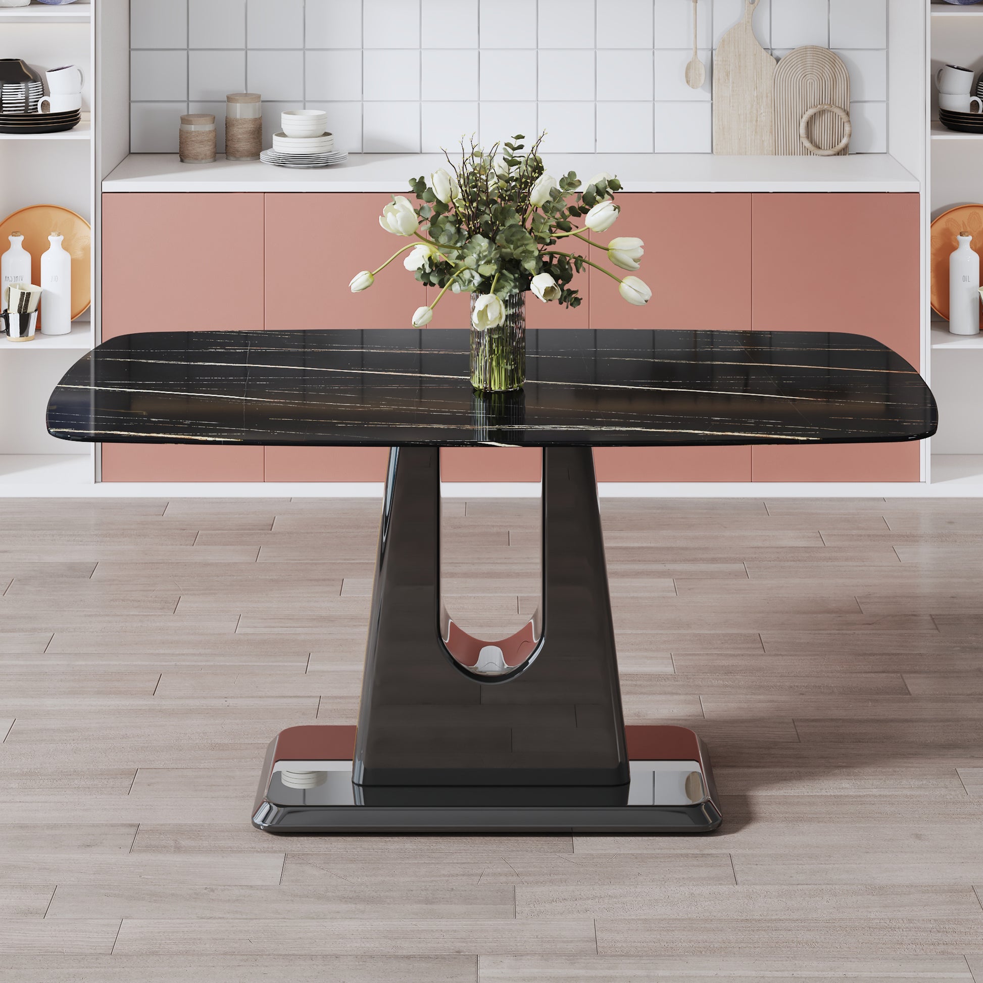 A Modern, Minimalist, And Luxurious Table. A Black Imitation Marble Tabletop With Mdf U Shaped Legs. Dining Table, Computer Table. For Restaurants And Living Rooms 63" * 35.4"* 30" F U Black Mdf