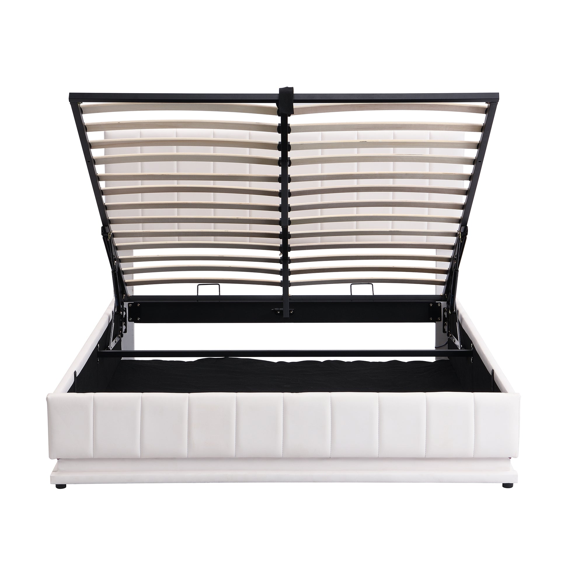 Queen Size Upholstered Bed With Hydraulic Storage System And Led Light, Modern Platform Bed With Sockets And Usb Ports, White White Pu Leather
