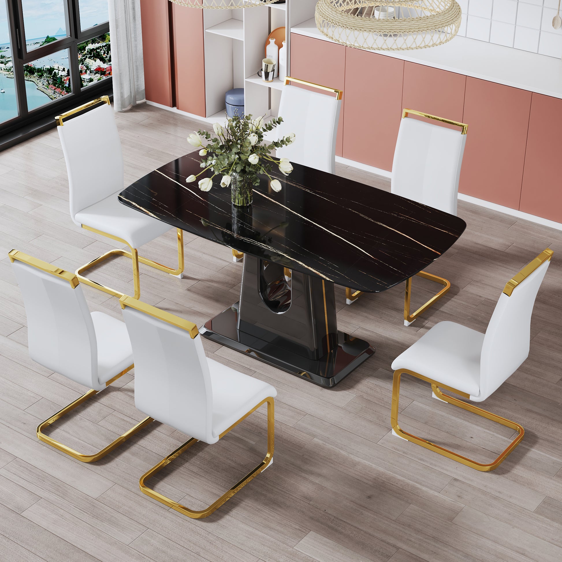 A Modern, Minimalist, And Luxurious Table. A Black Imitation Marble Tabletop With Mdf U Shaped Legs. Dining Table, Computer Table. For Restaurants And Living Rooms 63" * 35.4"* 30" F U Black Mdf