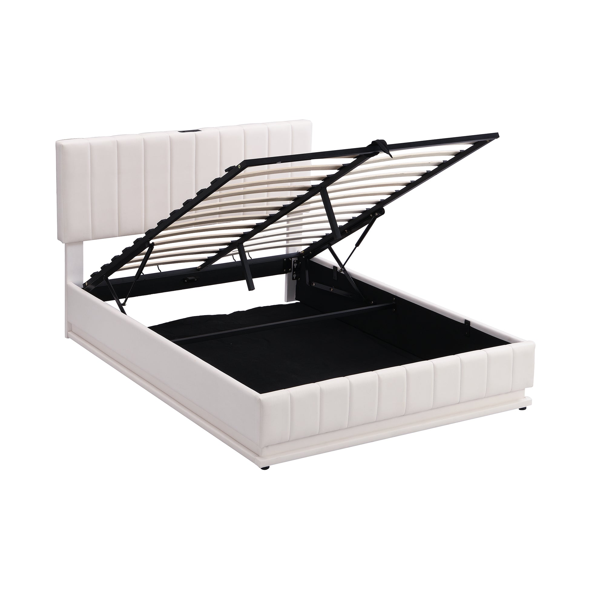 Full Size Upholstered Bed With Hydraulic Storage System And Led Light, Modern Platform Bed With Sockets And Usb Ports, White White Pu Leather
