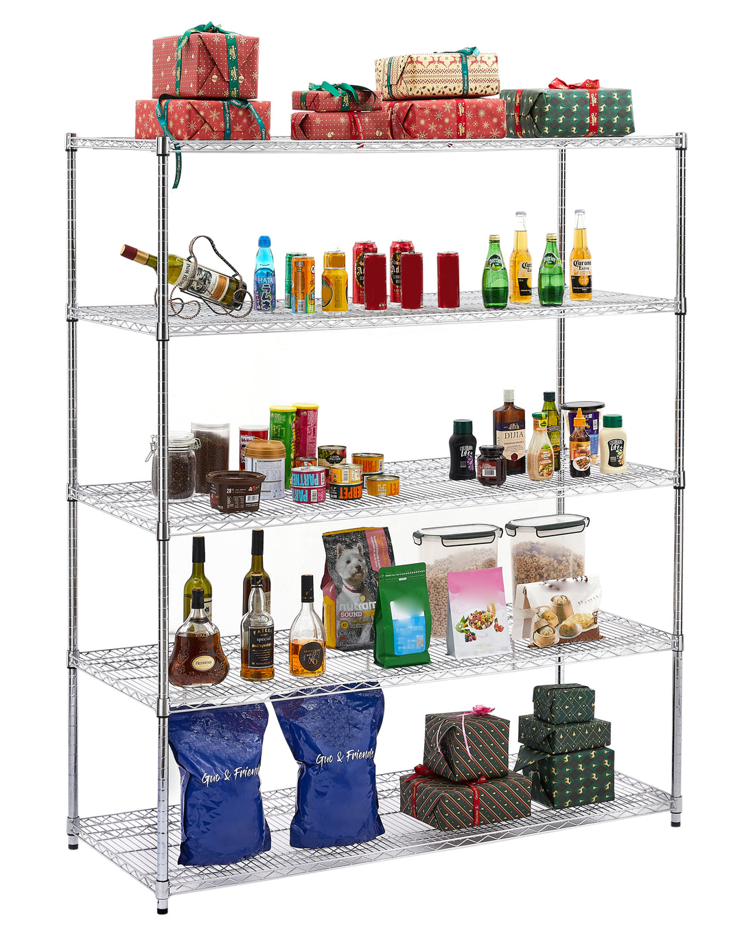 Warehouse, Supermarket,Kitchen,And Other 5 Layer Heavy Duty Adjustable Shelves With Wheels And Adjustable Feet,Each Metal Frame Bearing 300 Pounds. 59.45 "L 24.02 "W 71.65 "H. Silver Steel