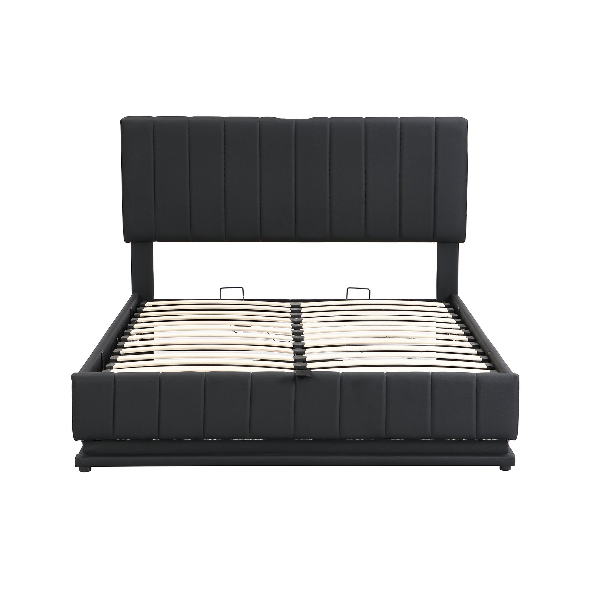 Full Size Upholstered Bed With Hydraulic Storage System And Led Light, Modern Platform Bed With Sockets And Usb Ports, Black Black Pu Leather