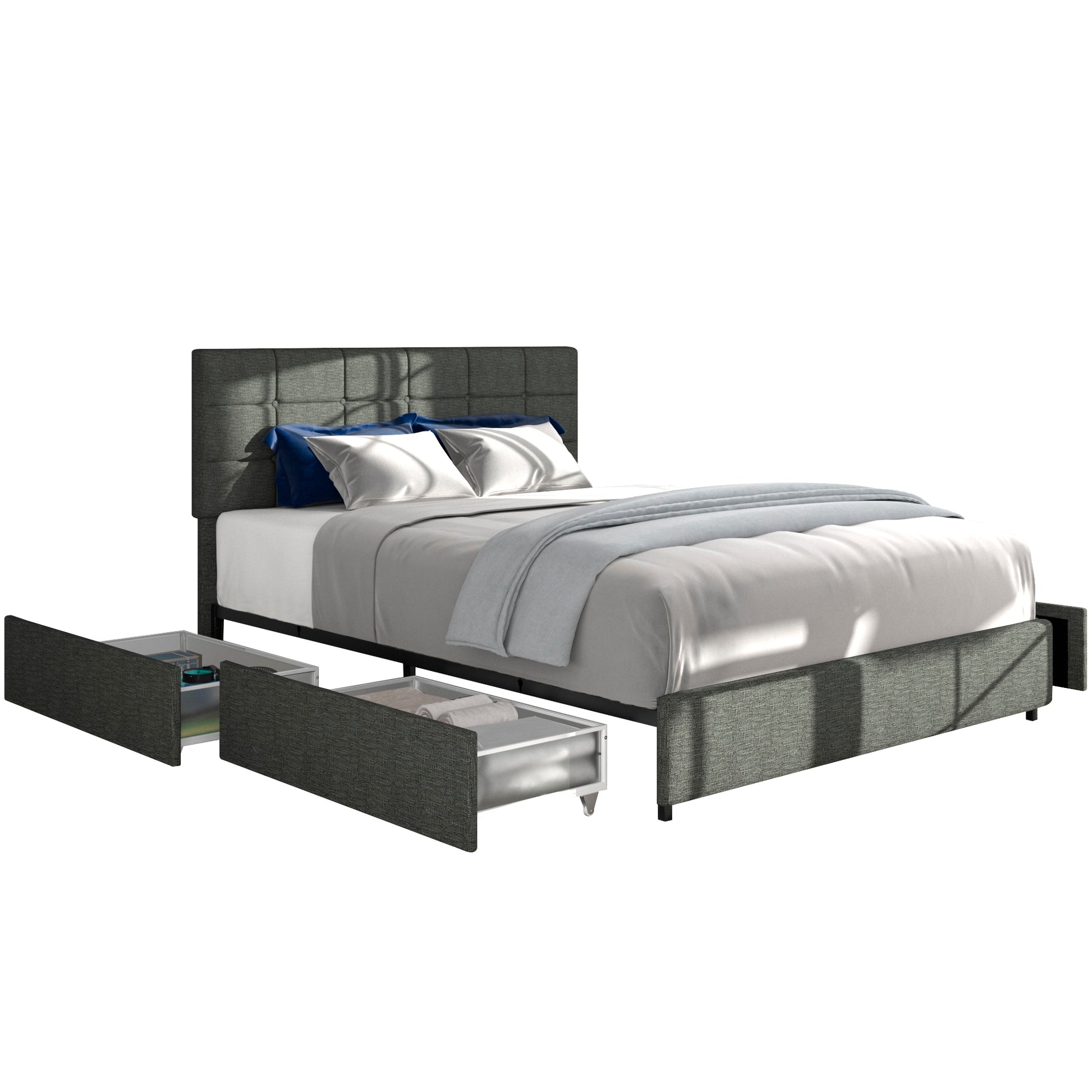 Vera Full Size Gray Linen Upholstered Platform Bed With Patented 4 Drawers Storage, Square Stitched Button Tufted Headboard, Wooden Slat Mattress Support No Box Spring Required Box Spring Not Required Full Gray Metal Bedroom