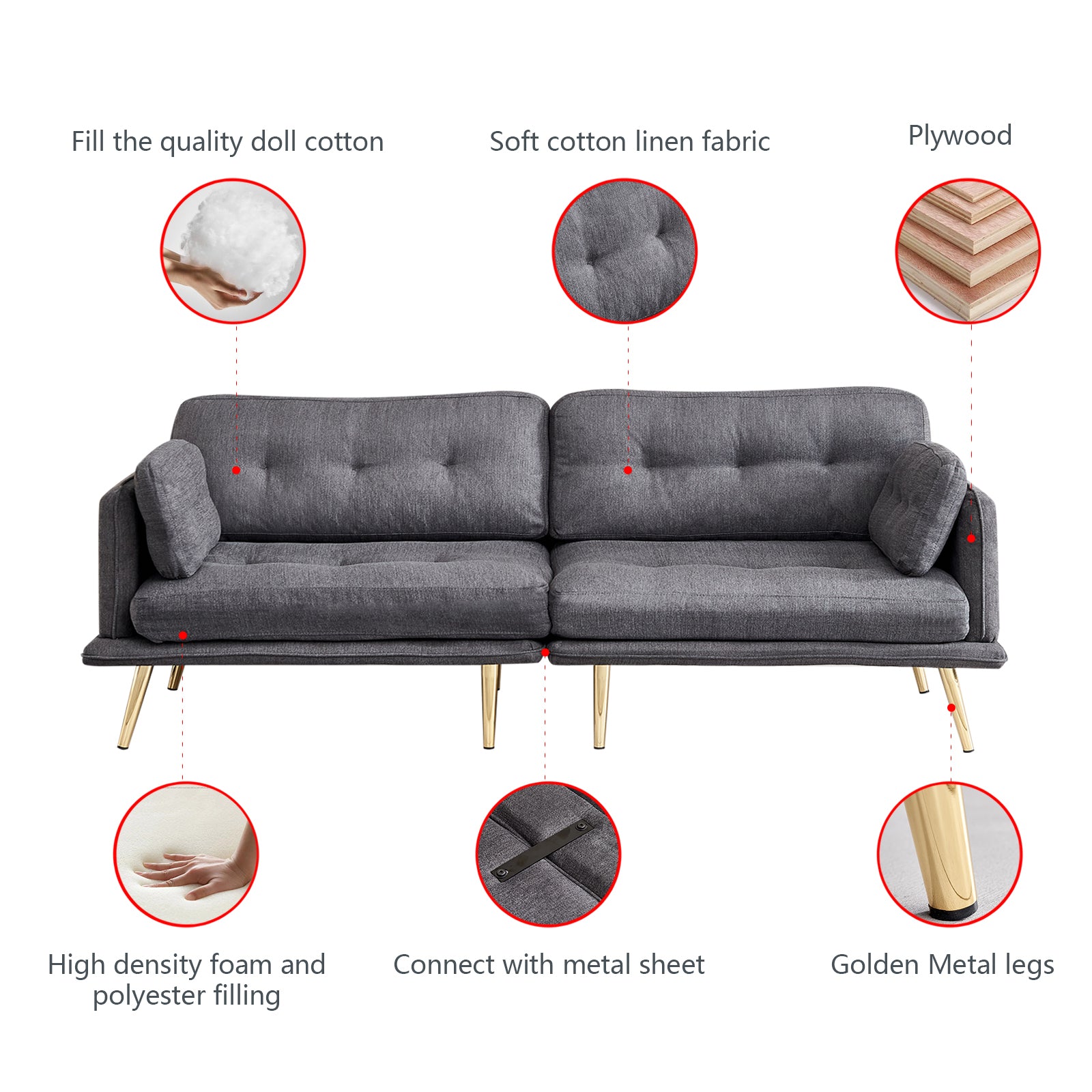 3 Seat Sofa With Gold Metal Legs Soft With Cotton Linen Fabric Dark Grey Dark Grey Polyester Fabric