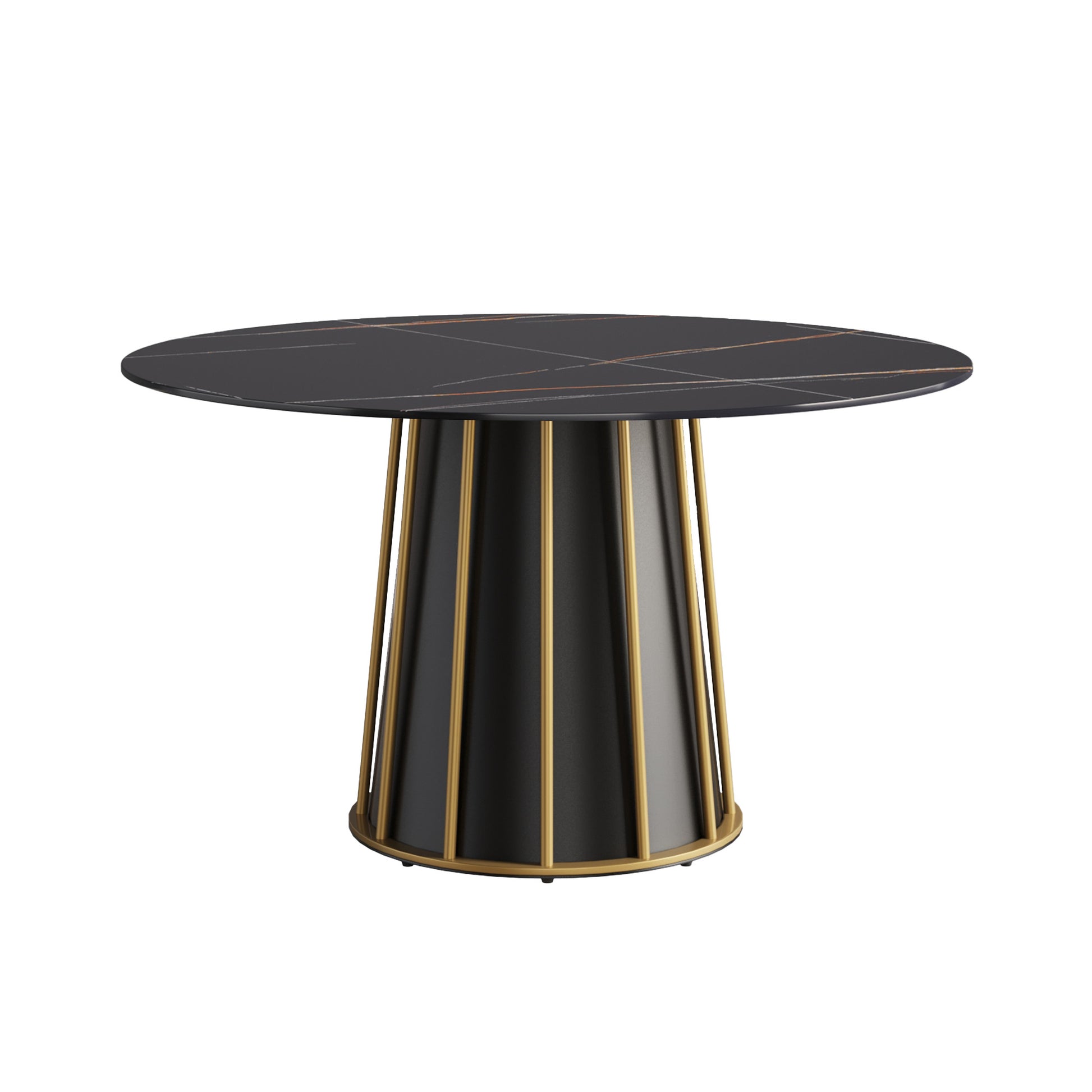 53.15"Modern Artificial Stone Round Black Metal Iron Base Dining Table Can Accommodate 6 People. Not Including Chairs. Black Dining Room Metal Sintered Stone