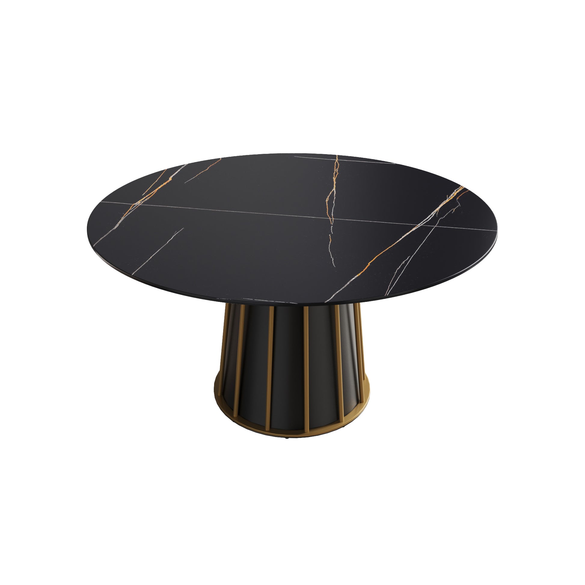 53.15"Modern Artificial Stone Round Black Metal Iron Base Dining Table Can Accommodate 6 People. Not Including Chairs. Black Dining Room Metal Sintered Stone