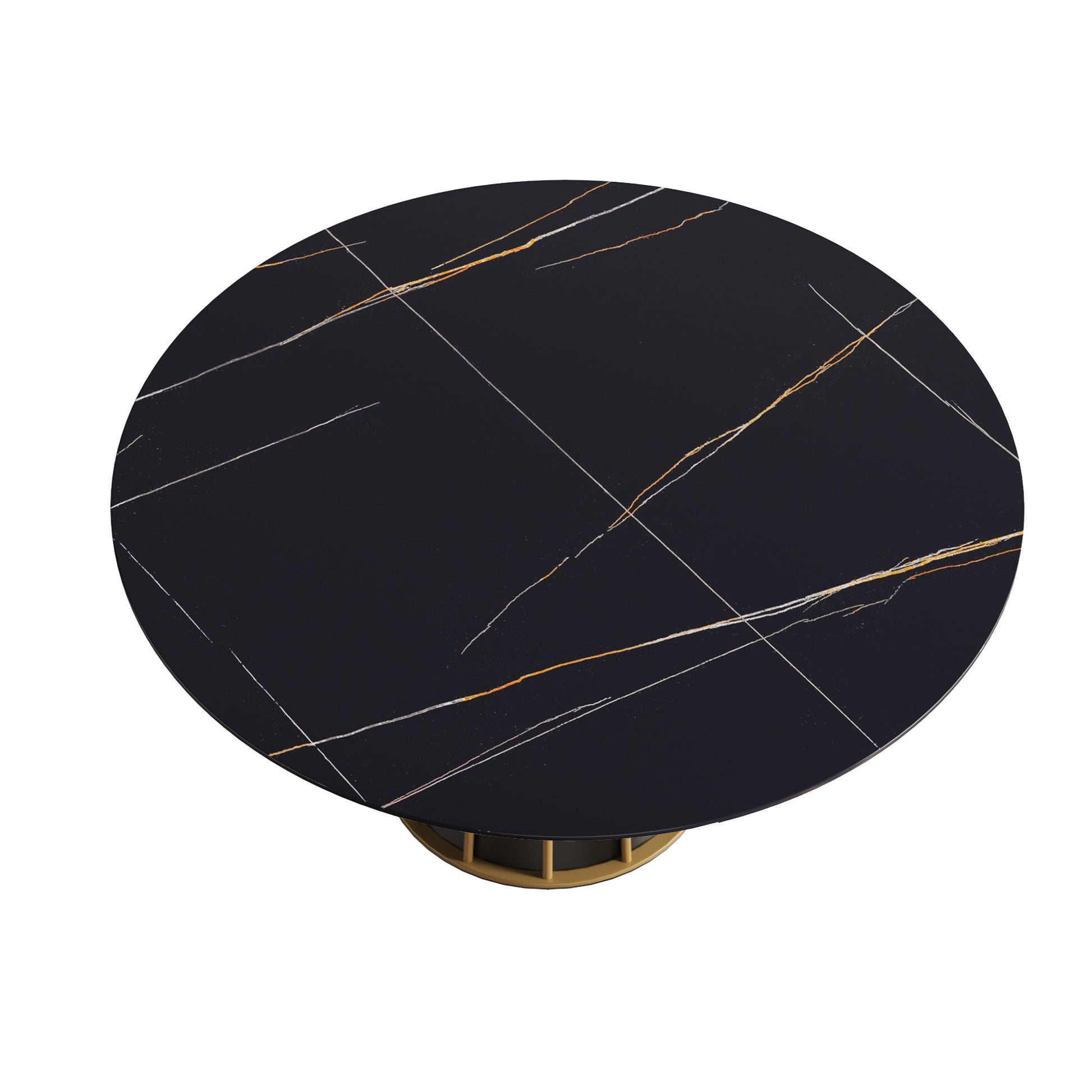 59.05"Modern Artificial Stone Round Black Metal Iron Base Dining Table Can Accommodate 8 People. Not Including Chairs Black Dining Room Metal Sintered Stone