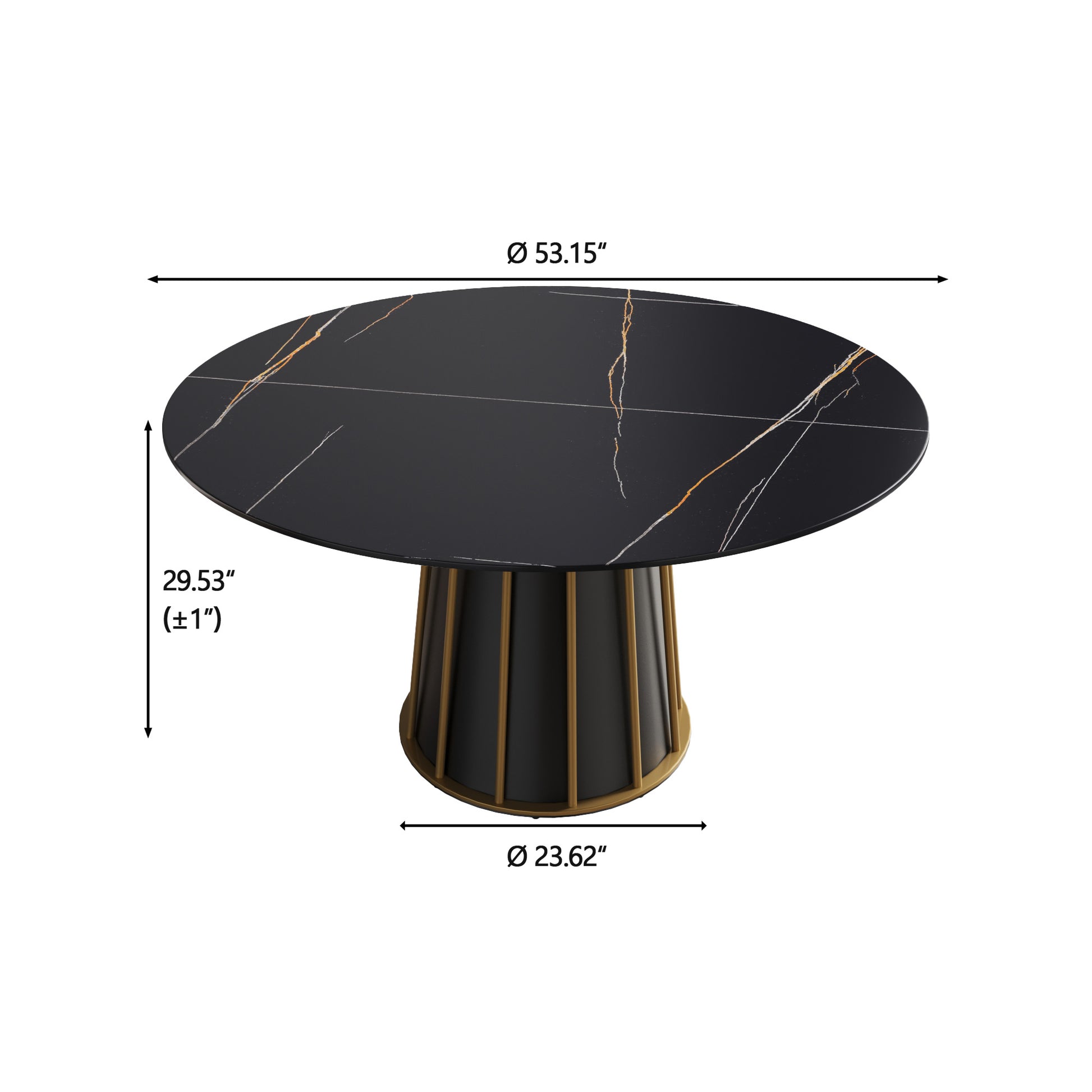 53.15"Modern Artificial Stone Round Black Metal Iron Base Dining Table Can Accommodate 6 People. Not Including Chairs. Black Dining Room Metal Sintered Stone