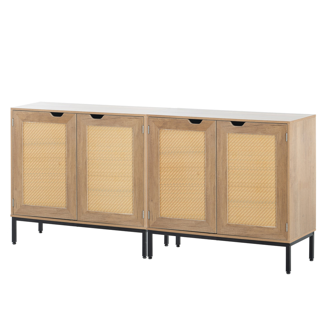 Set2 Of Rustic Accent Storage Cabinet With 2 Rattan Doors, Mid Century Natural Wood Sideboard Furniture For Living Room Natural Particle Board