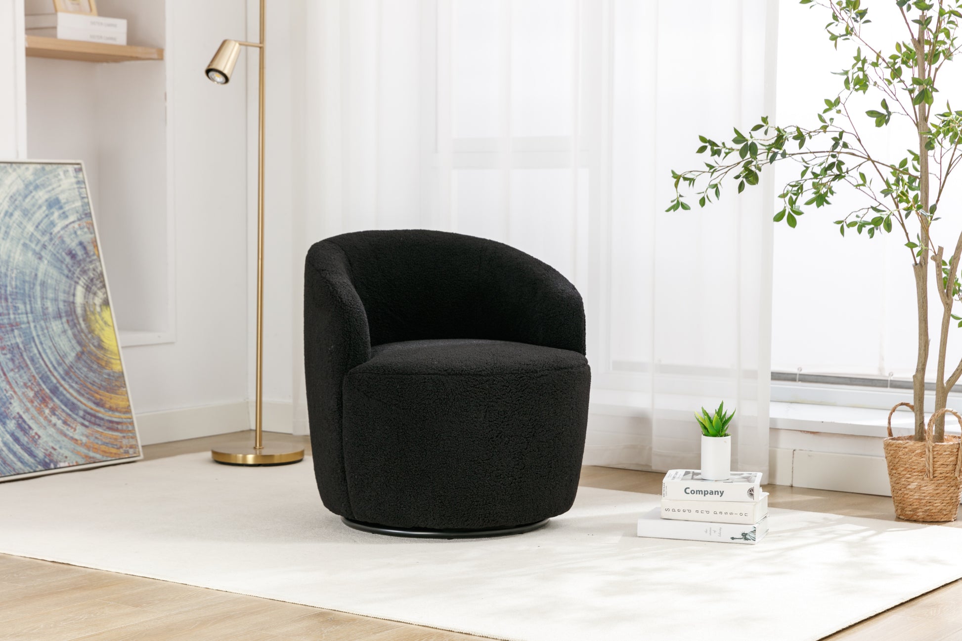 Teddy Fabric Swivel Accent Armchair Barrel Chair With Black Powder Coating Metal Ring,Black Black Foam Wool