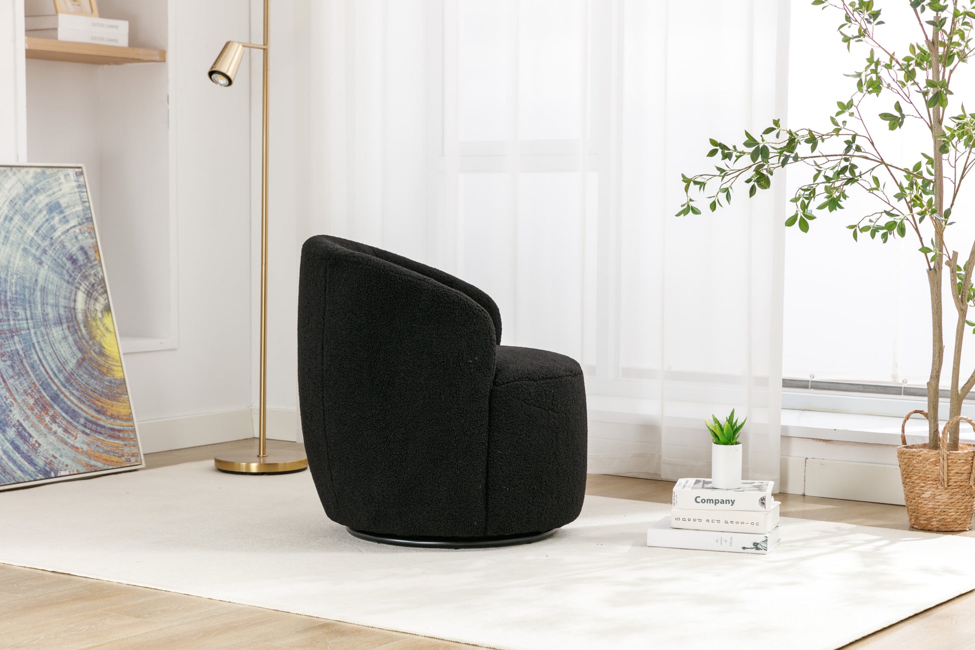 Teddy Fabric Swivel Accent Armchair Barrel Chair With Black Powder Coating Metal Ring,Black Black Foam Wool
