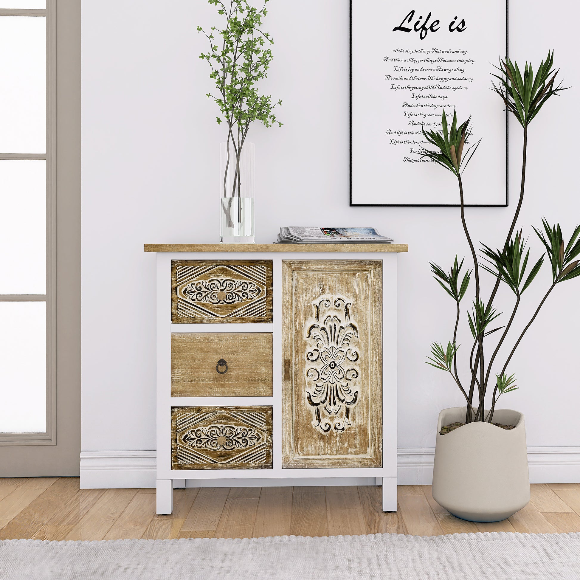 Hand Carved Accent Cabinet With Vintage Charm Versatile Storage And Distinctive Design Fully Assembled 3 4 Drawers White Washed Primary Living Space Shelves Included Wood