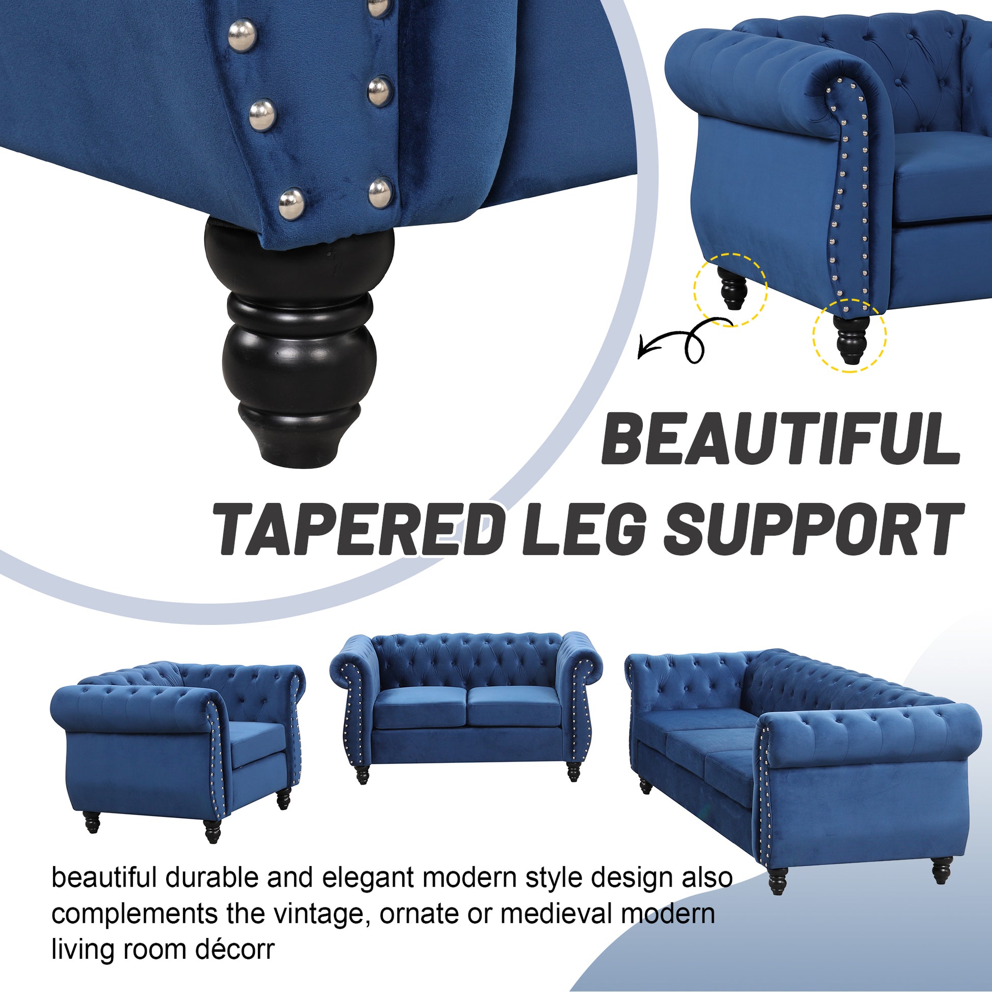 Modern Three Piece Sofa Set With Solid Wood Legs, Button Down Tufted Backrest, Dutch Velvet Upholstered Sofa Set Including Three Seater Sofa, Two Seater And Living Room Furniture Set Single Chair Blue Foam Polyester