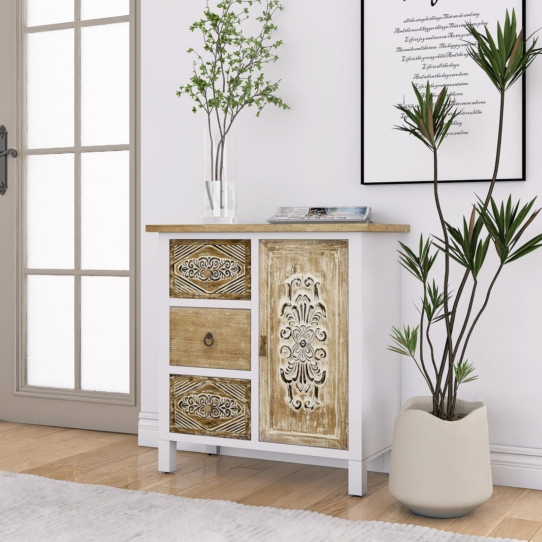 Hand Carved Accent Cabinet With Vintage Charm Versatile Storage And Distinctive Design Fully Assembled 3 4 Drawers White Washed Primary Living Space Shelves Included Wood