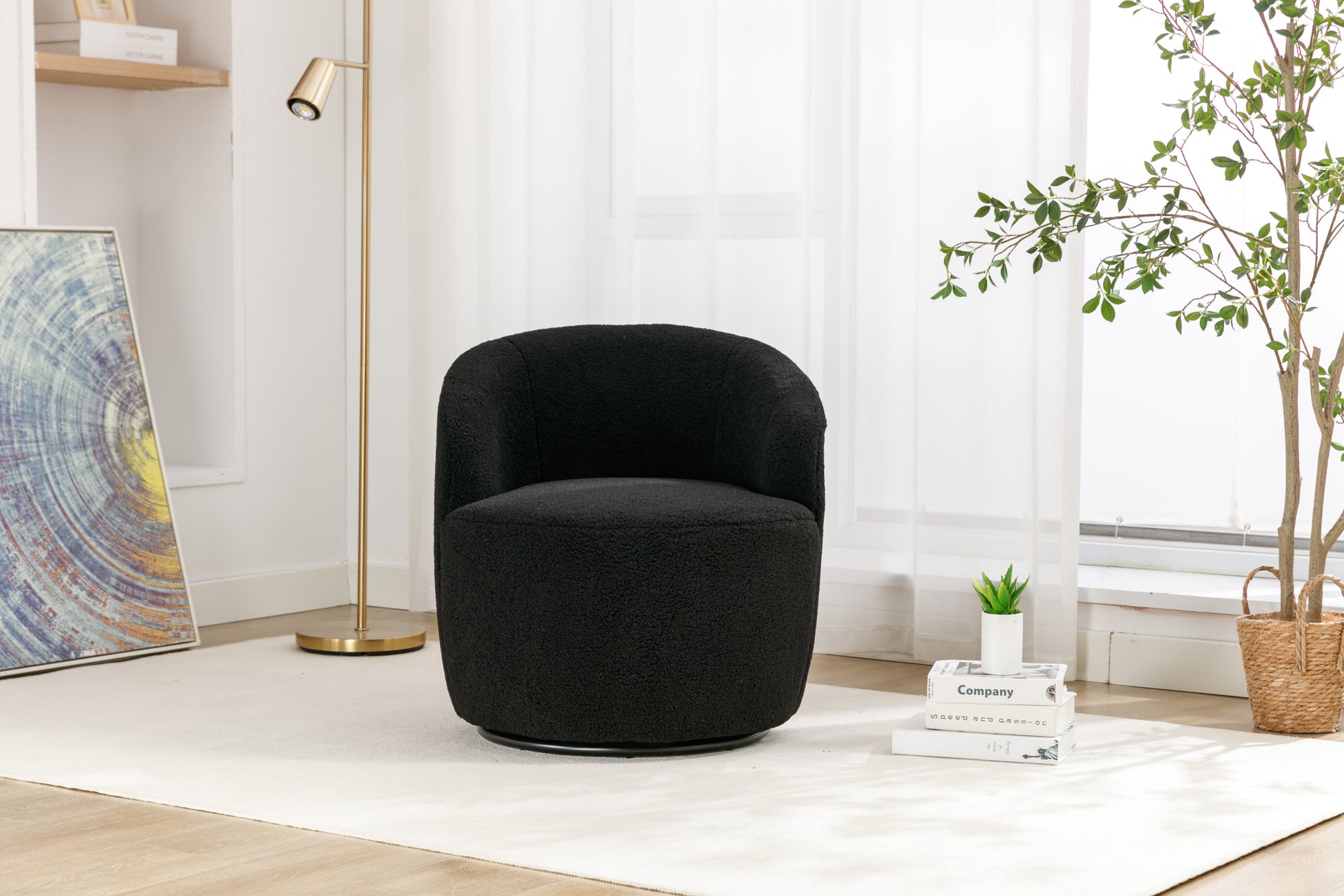 Teddy Fabric Swivel Accent Armchair Barrel Chair With Black Powder Coating Metal Ring,Black Black Foam Wool