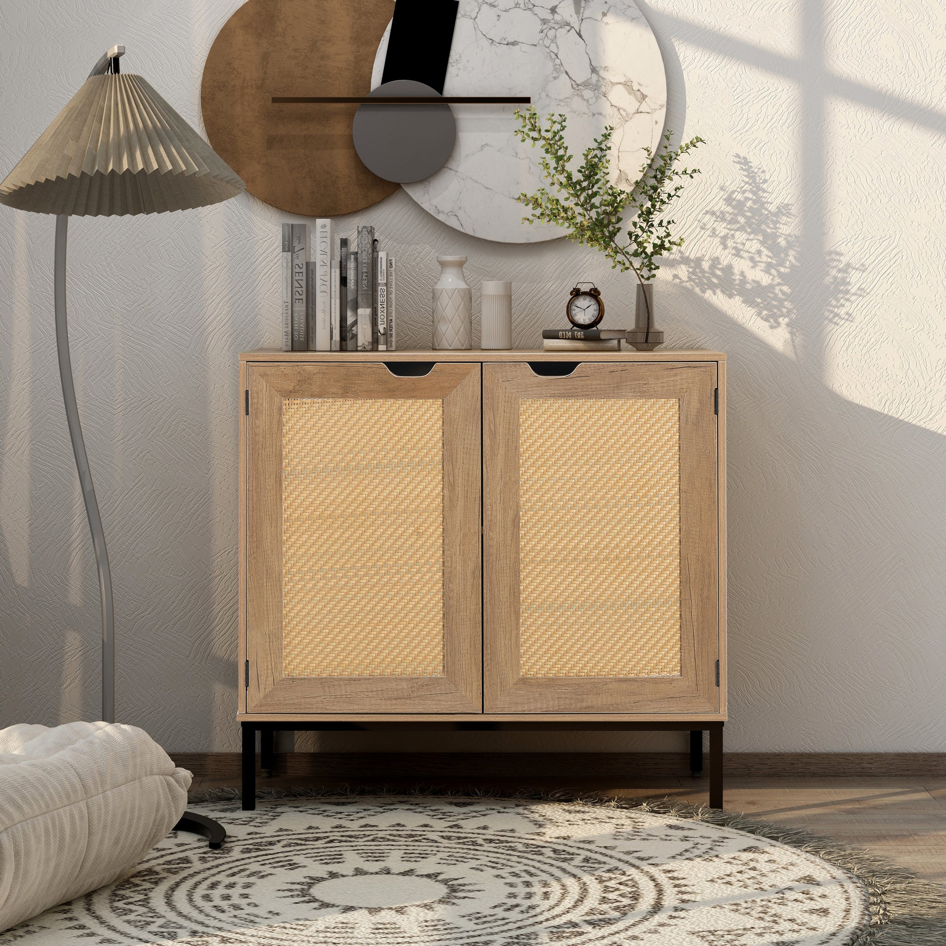 Set2 Of Rustic Accent Storage Cabinet With 2 Rattan Doors, Mid Century Natural Wood Sideboard Furniture For Living Room Natural Particle Board