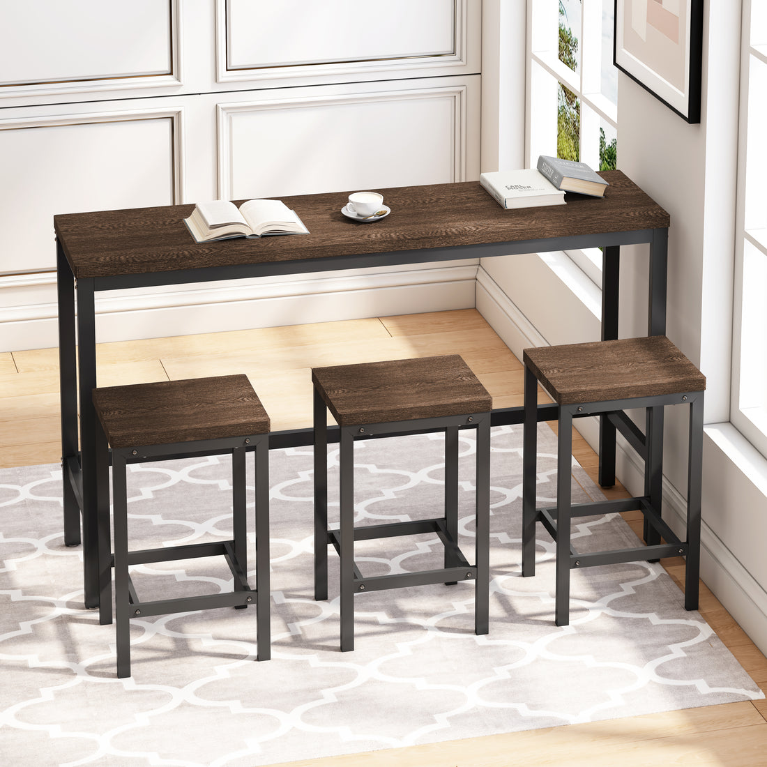 Modern Design Kitchen Dining Table,Pub Table,Long Dining Table Set With 3 Stools,Easy Assembly,Dark Brown Dark Brown Mdf