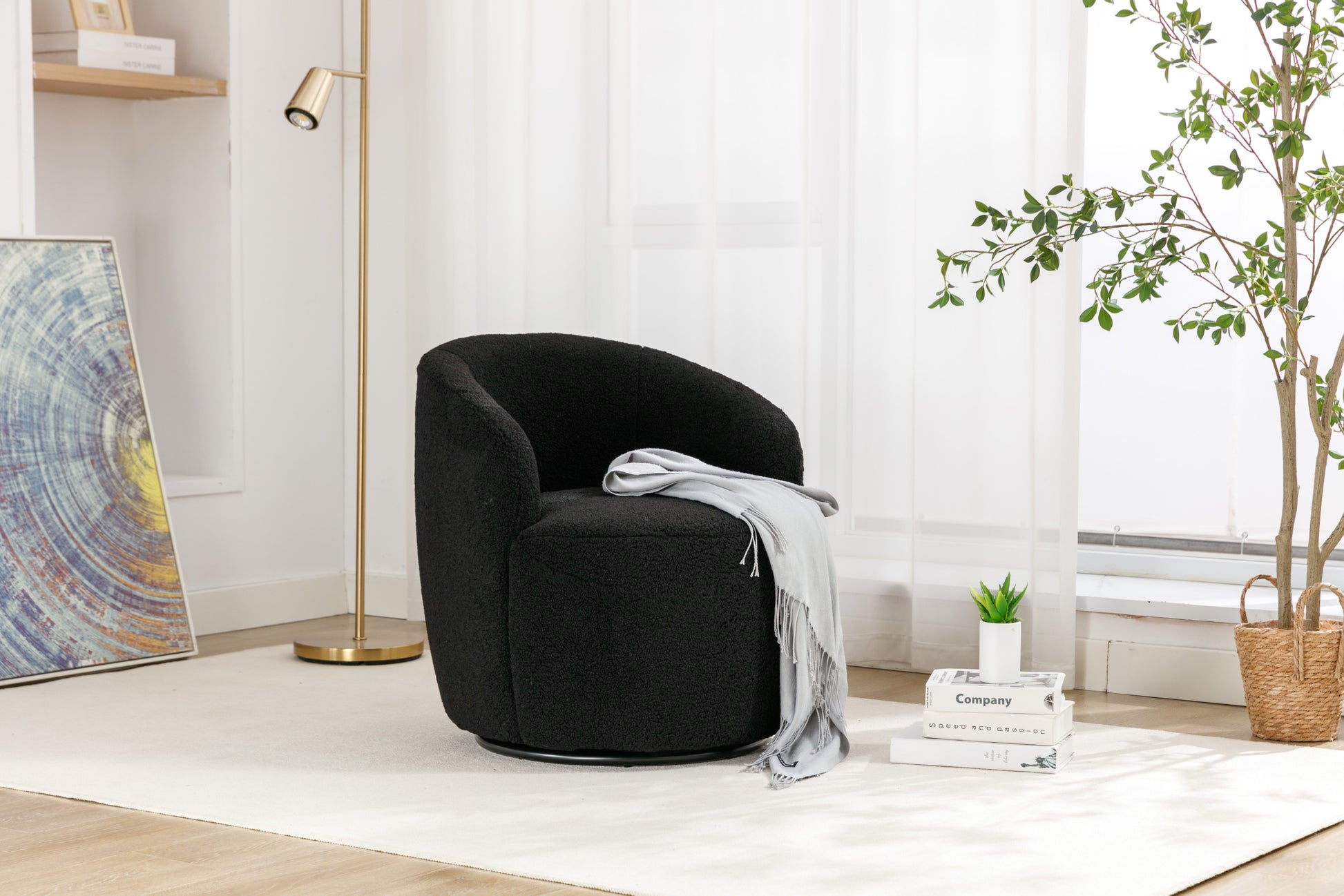 Teddy Fabric Swivel Accent Armchair Barrel Chair With Black Powder Coating Metal Ring,Black Black Foam Wool