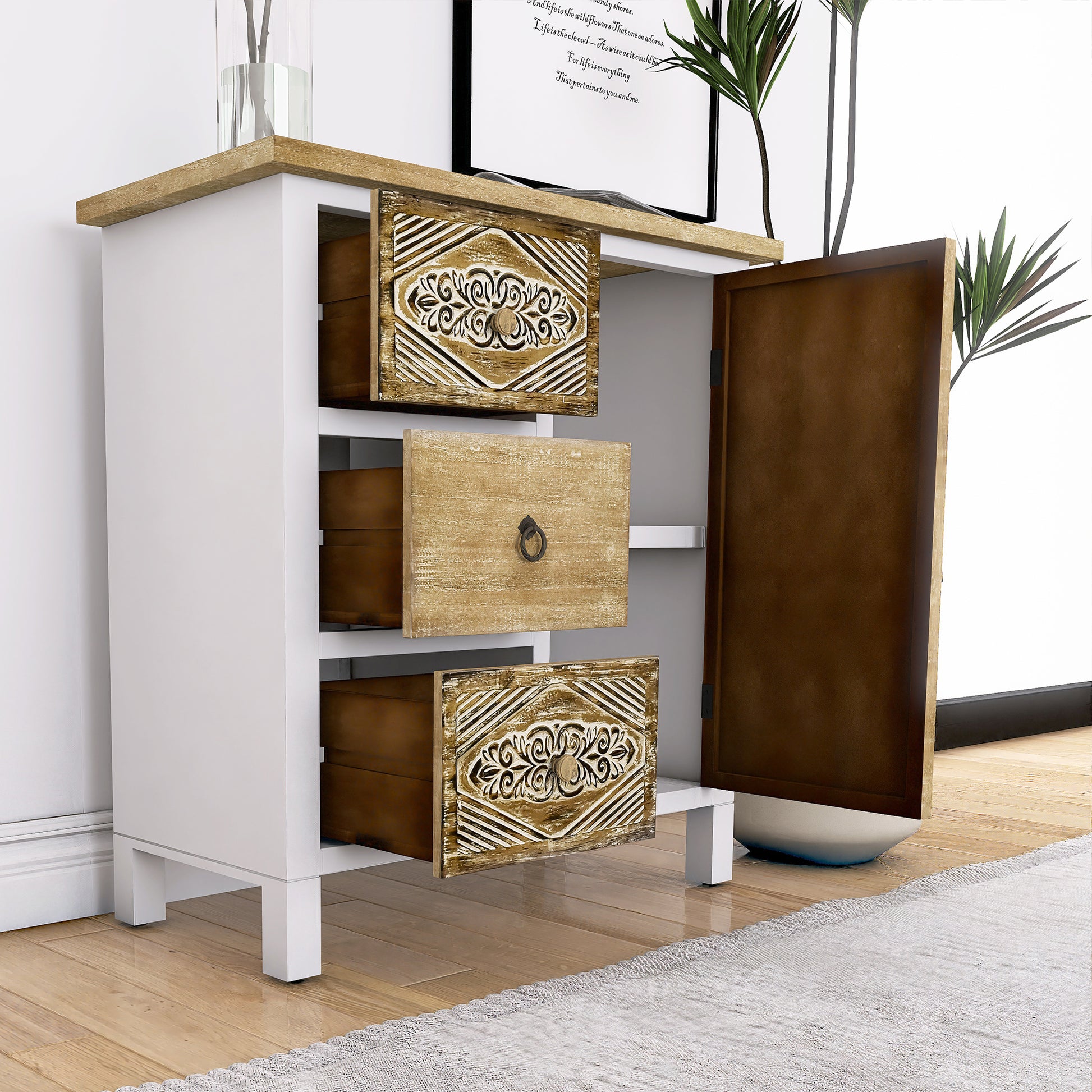 Hand Carved Accent Cabinet With Vintage Charm Versatile Storage And Distinctive Design Fully Assembled 3 4 Drawers White Washed Primary Living Space Shelves Included Wood