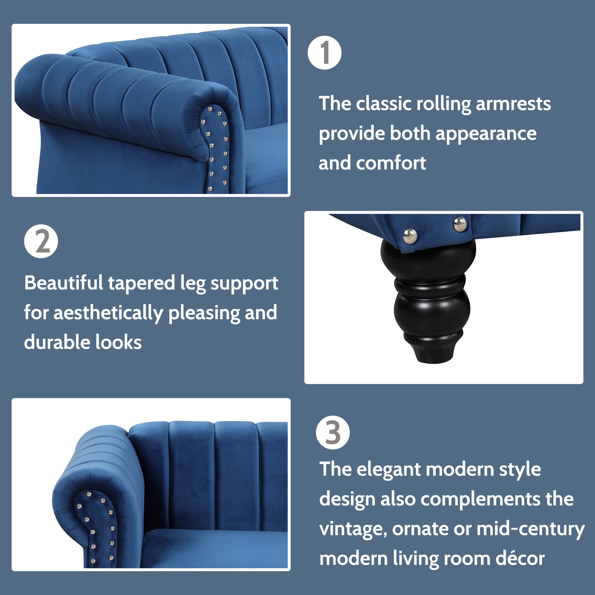 Modern Three Piece Sofa Set With Solid Wood Legs, Buttoned Tufted Backrest, Frosted Velvet Upholstered Sofa Set Including Three Seater Sofa, Double Seater And Living Room Furniture Set Single Chair Blue Foam Polyester