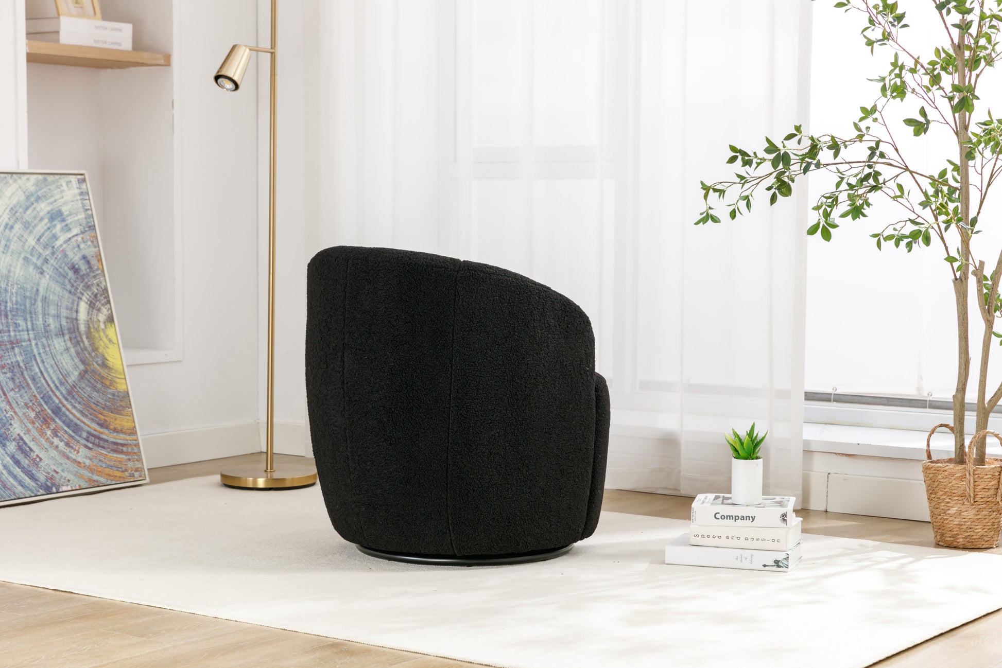 Teddy Fabric Swivel Accent Armchair Barrel Chair With Black Powder Coating Metal Ring,Black Black Foam Wool