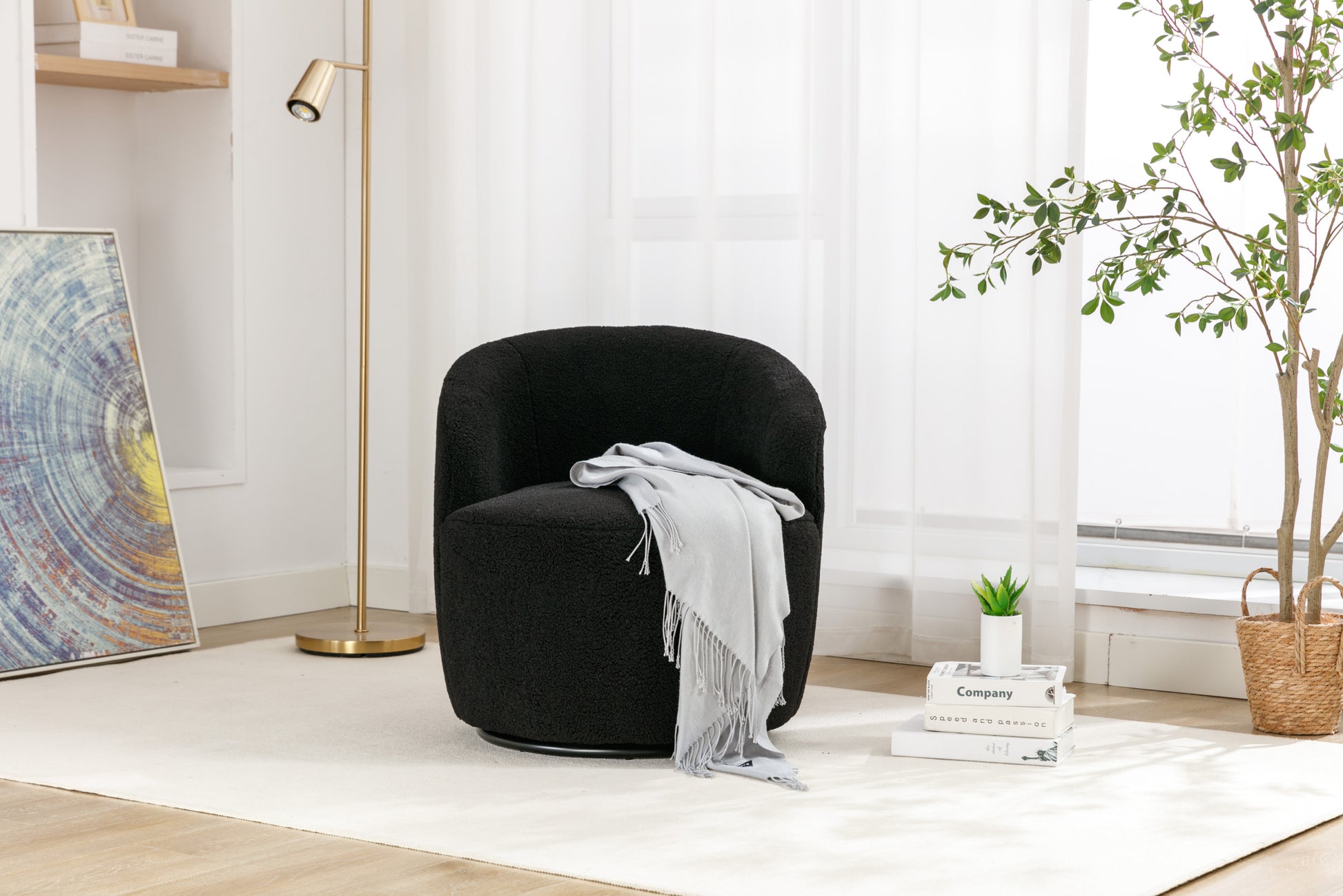 Teddy Fabric Swivel Accent Armchair Barrel Chair With Black Powder Coating Metal Ring,Black Black Foam Wool