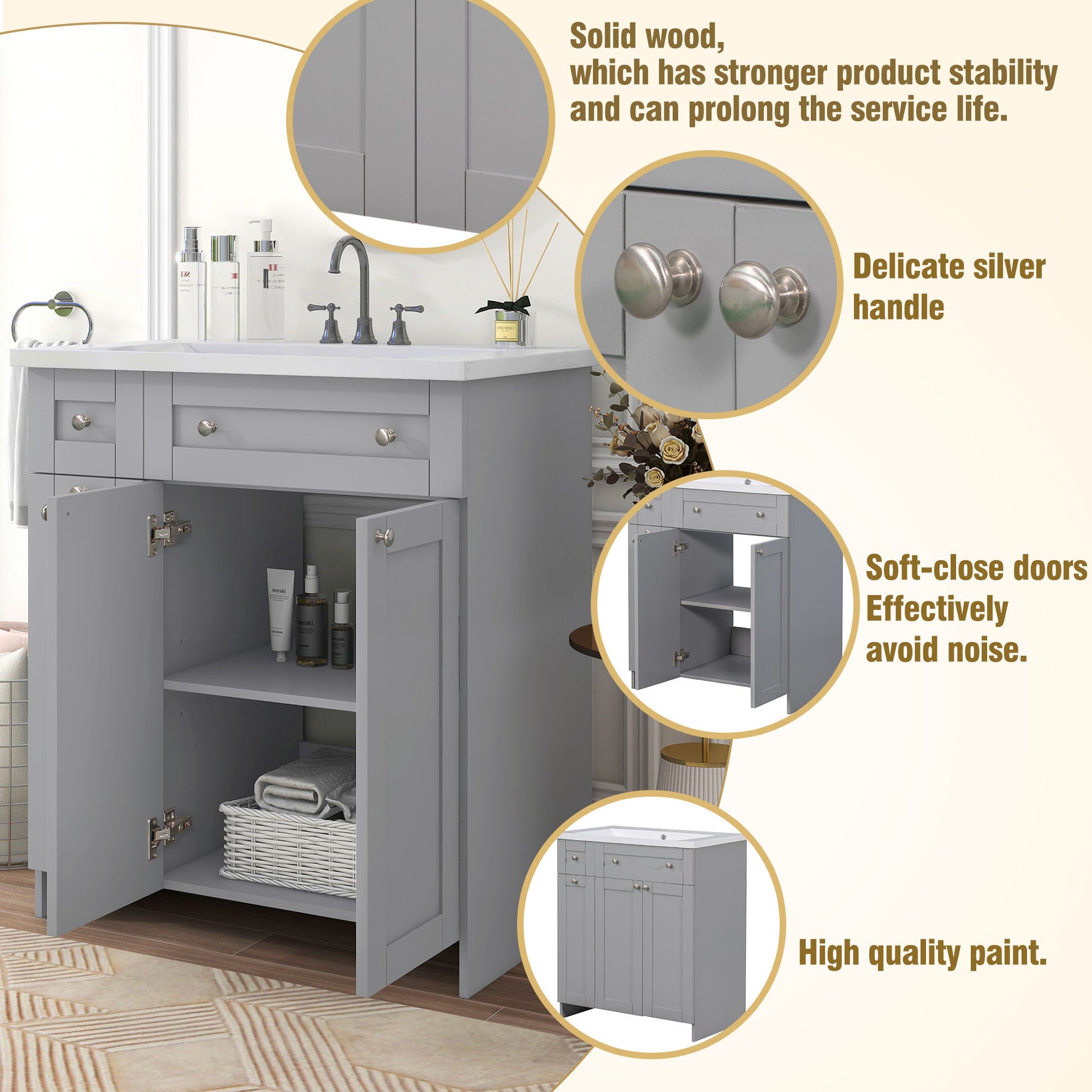 30" Bathroom Vanity With Single Sink In Grey,Combo Cabinet Undermount Sink,Bathroom Storage Cabinet Grey Mdf