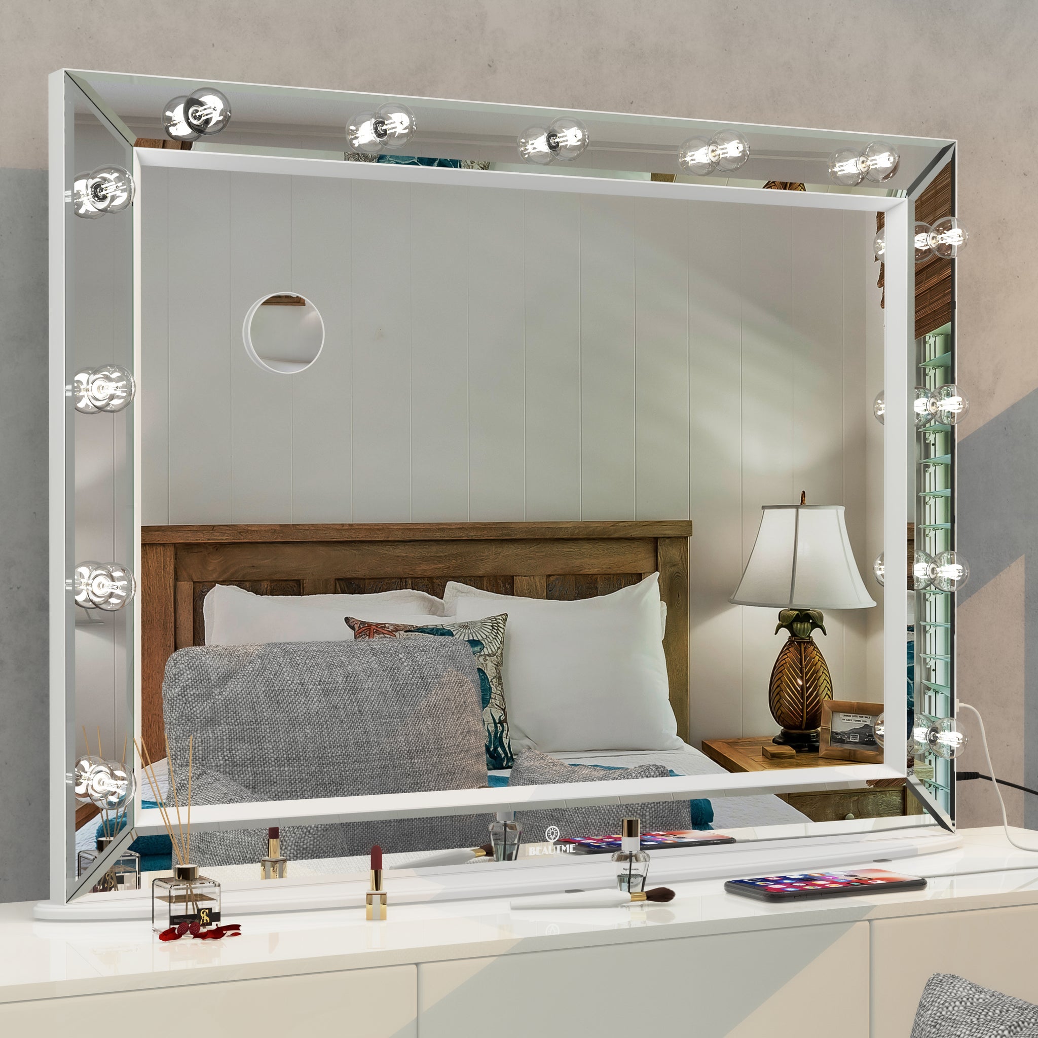 Hollywood Vanity Mirror With Uss Bulbs Luxury Vanity Mirror With Lights Large Size Makeup Mirror For Bedroom Makeup Room, Smart Touch White Lighting,40X30.5 Inch White Bedroom Aluminium