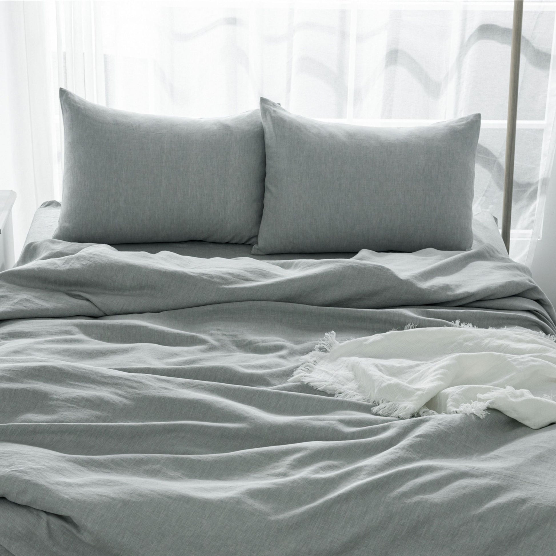 4 Pcs Bedding Sets Queen, Premium Linen Bedding Sheets & Pillowcases, Queen Bedding Sets, Sea Glass Bedding Sheet & Pillowcase Sets Grey Linen Linen