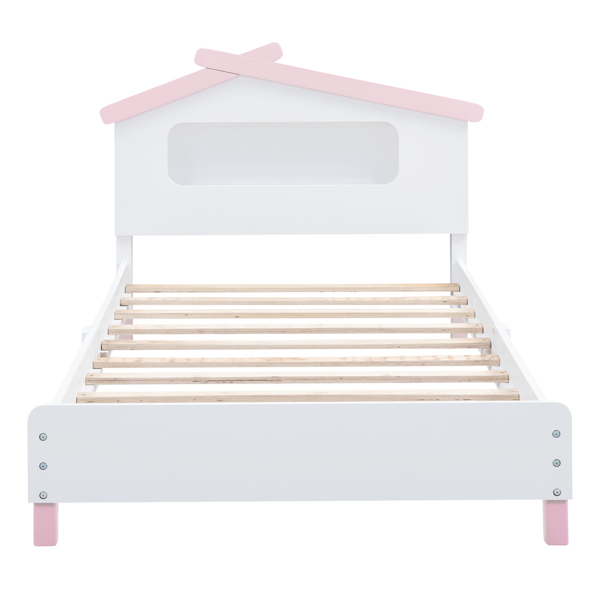 Twin Size Wood Platform Bed With House Shaped Headboard And Motion Activated Night Lights White Pink White Pink Wood