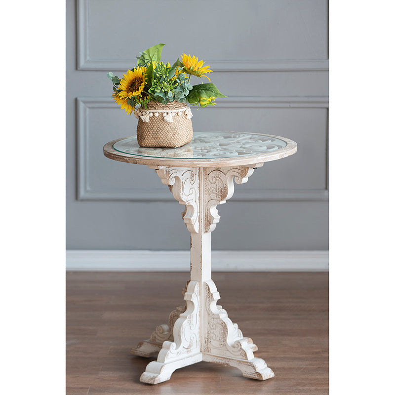 24X28.5" Round Wooden Carved Table, Distressed White Finish Design Antique White Primary Living Space Antique,French Country,Retro,Rustic,Vintage Wood