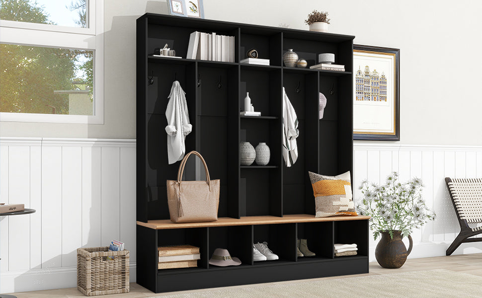 Wide Design Hall Tree With Storage Bench, Minimalist Shoe Cabinet With Cube Storage & Shelves, Multifunctional Coat Rack With 8 Hooks For Entryways, Mudroom, Black Black Primary Living Space Particle Board