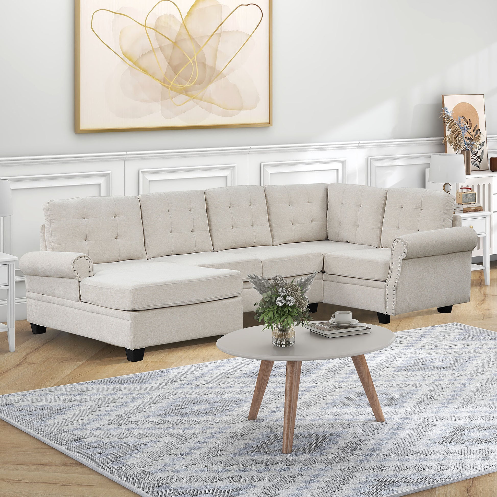 120" Modern U Shaped Corner Sectional Sofa Upholstered Linen Fabric Sofa Couch For Living Room, Bedroom, Beige Beige Foam Linen