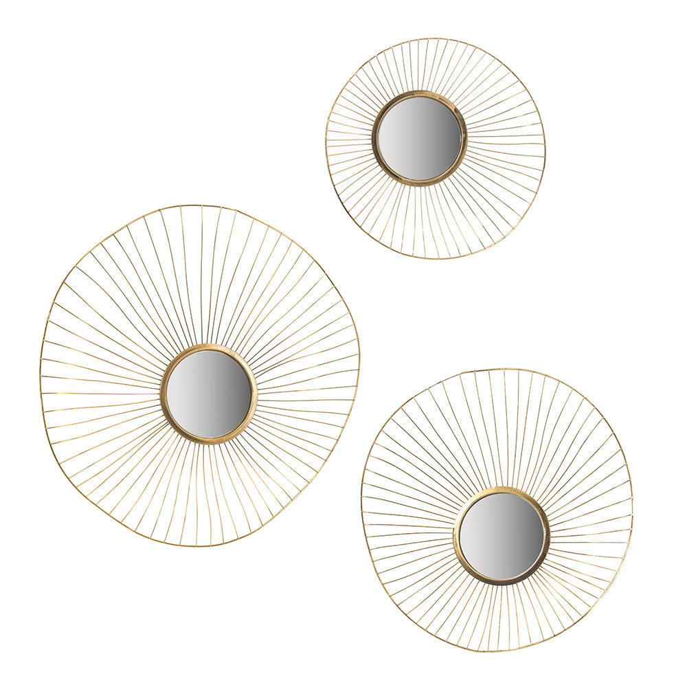 Set Of 3 Wall Mirror Abstract Designed Wall Mirrors With Gold Frame For Home & Office,Top Of Sideboard L:26X5X25.5" M:22X3.5X22" S:18X2.5X18" Gold Iron